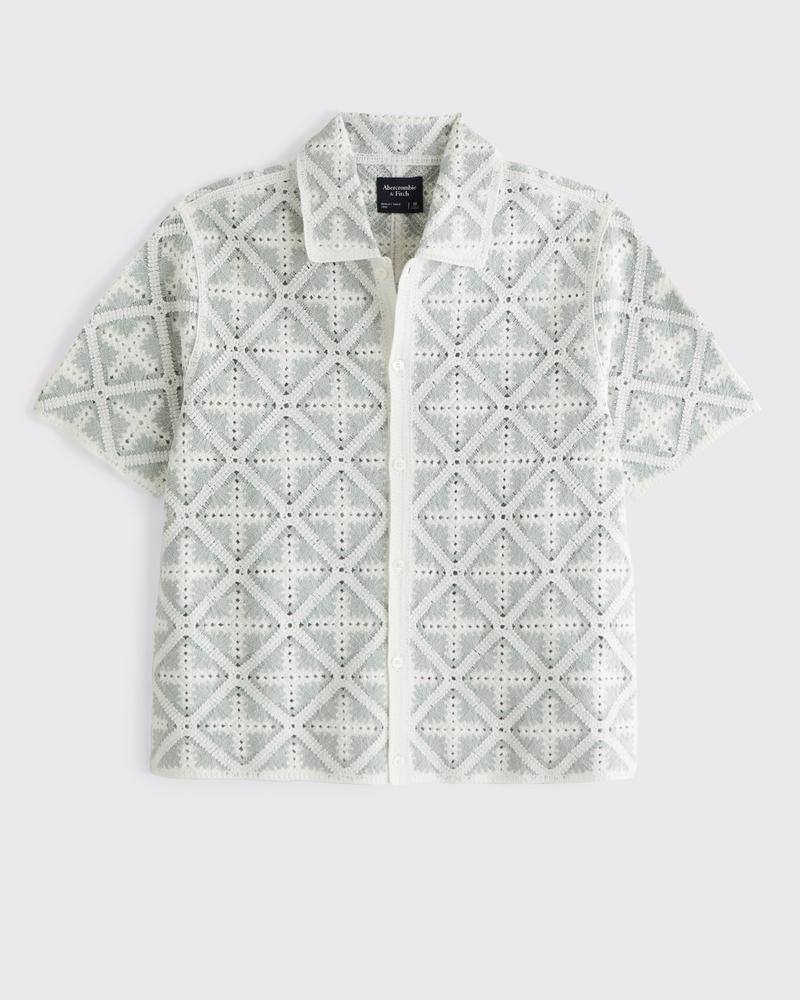 Crochet-Style Border Stripe Button-Through Sweater Polo Product Image