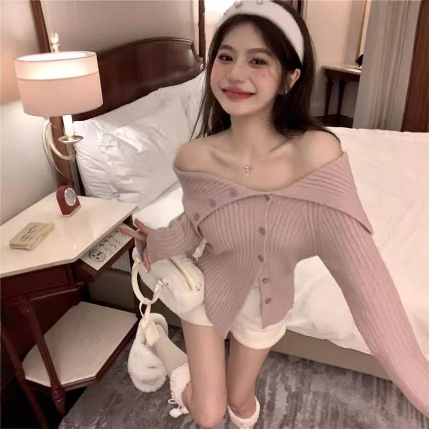 Long Sleeve Off-Shoulder Plain Ribbed-Knit Slim-Fit Sweater Product Image