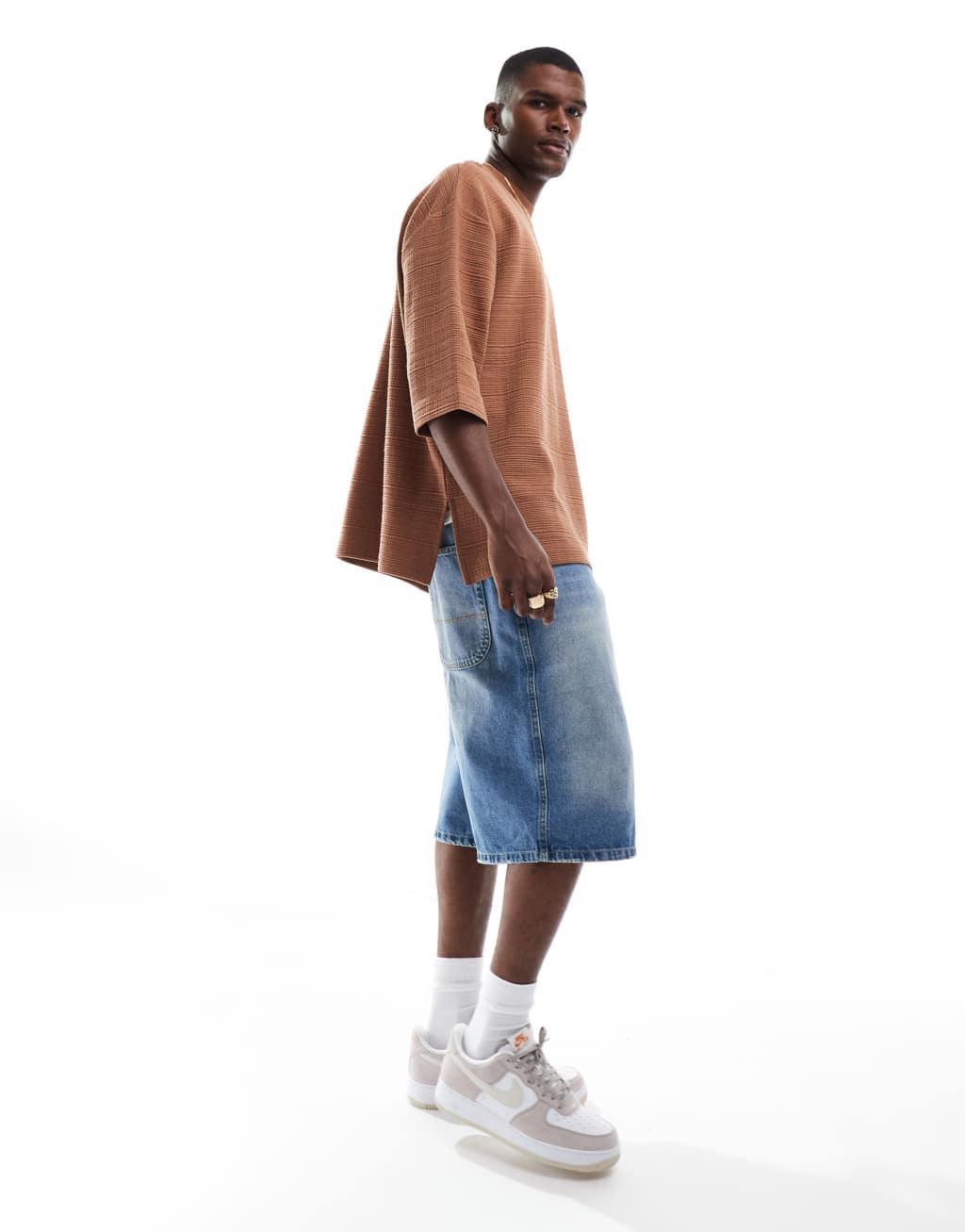 ASOS DESIGN oversized half sleeve textured t-shirt in brown Product Image