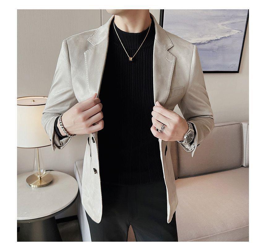 Plain Faux Suede Button-Up Blazer Product Image