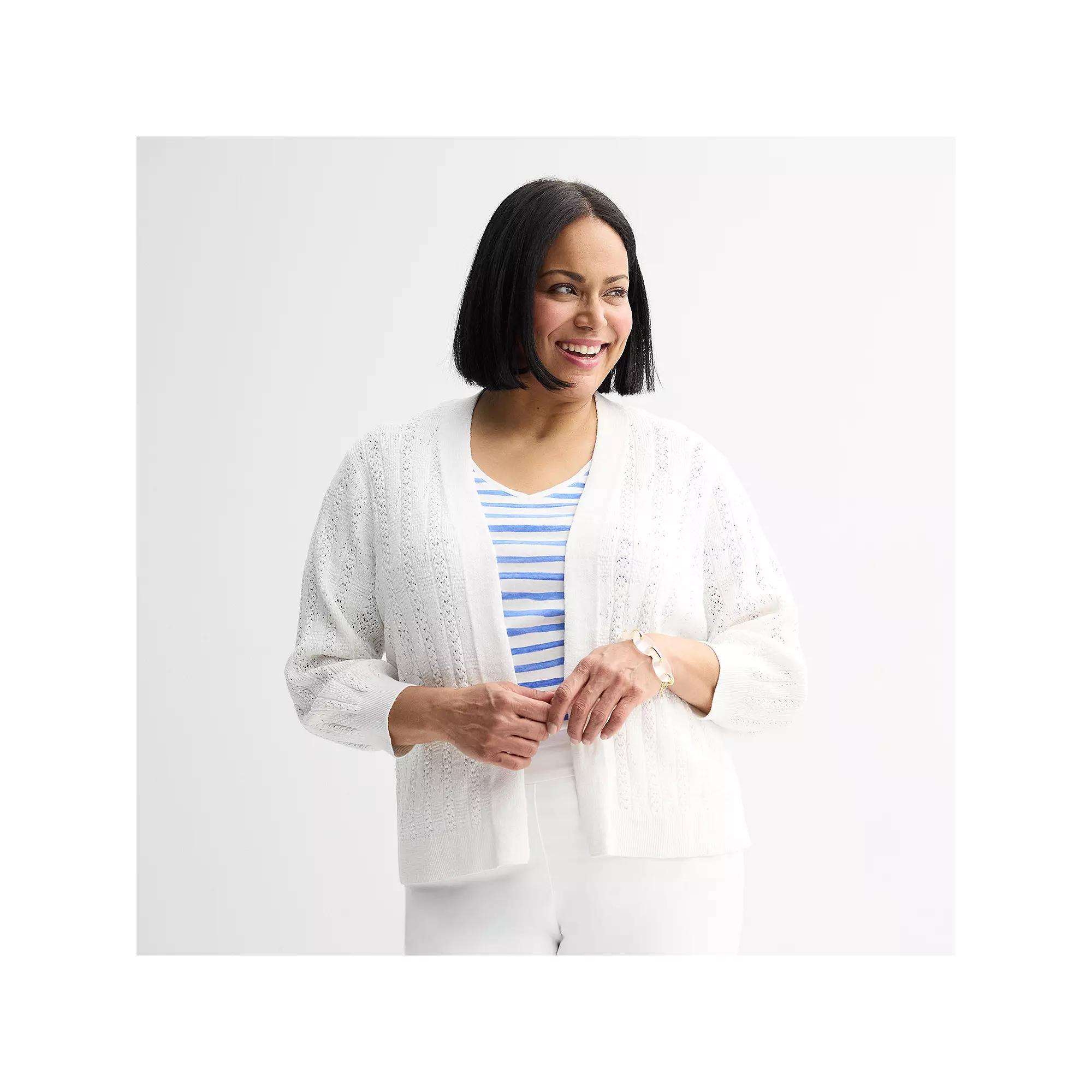 Plus Size Croft & Barrow® Pointelle Basket Open Front Cardigan, Women's, Size: 4XL, White Product Image