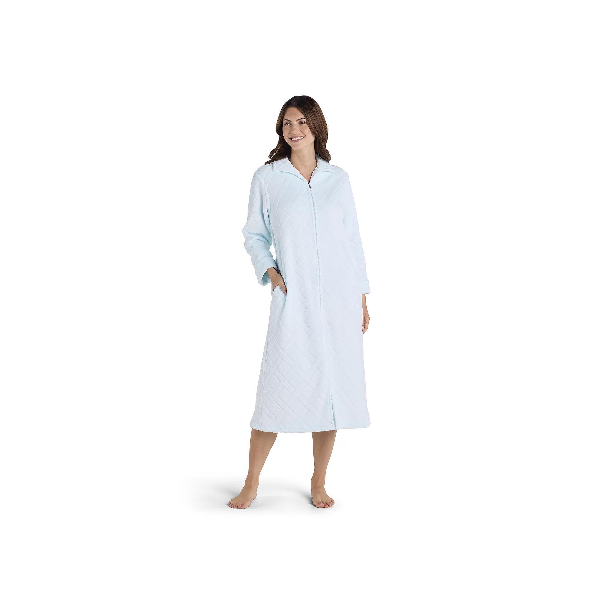 Petite Miss Elaine Essentials French Fleece Long Zip Robe, Women's, Size: Small Petite, Green Product Image