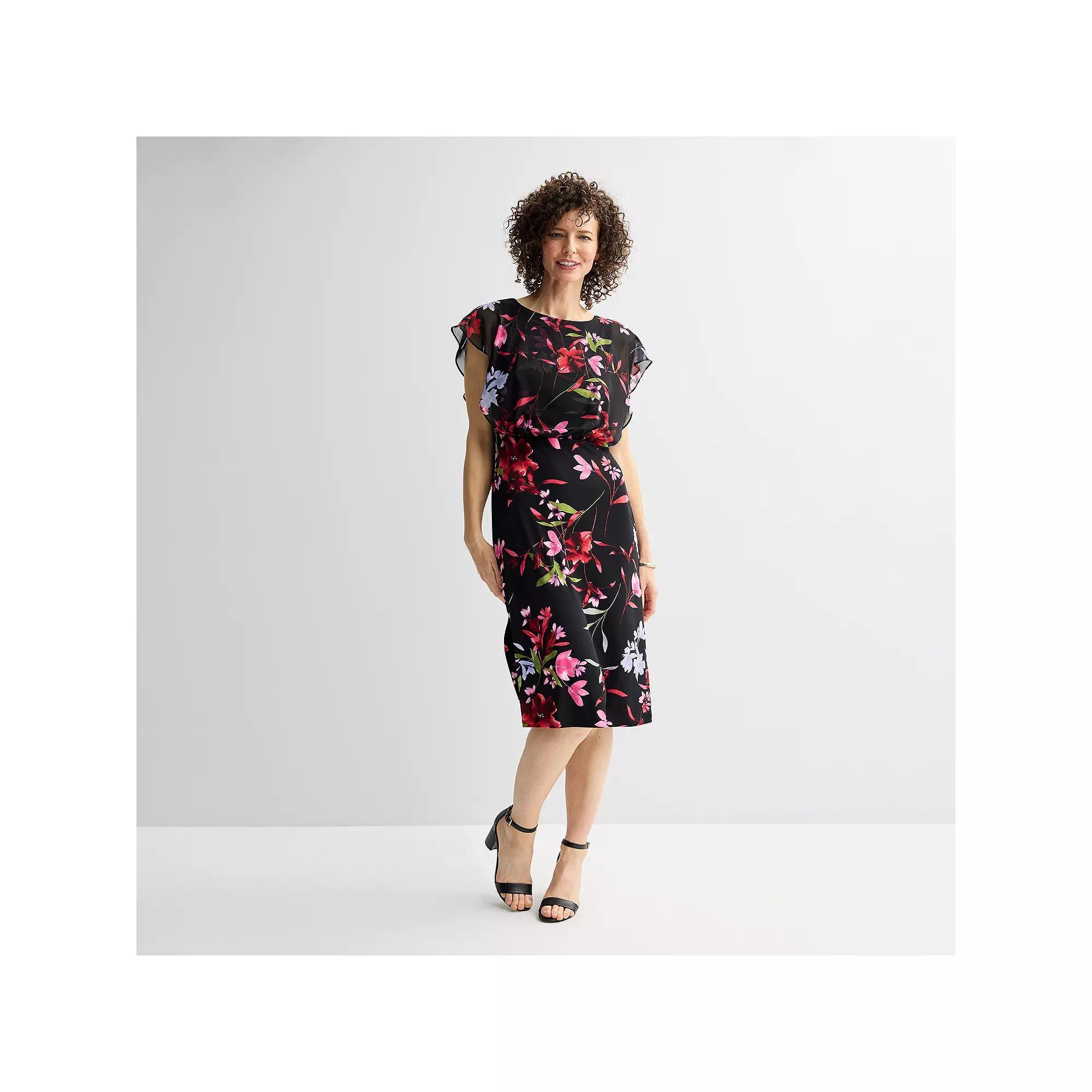 Women's Connected Apparel Printed Sheer Overlay Bib Dress, Size: 10, Red Product Image