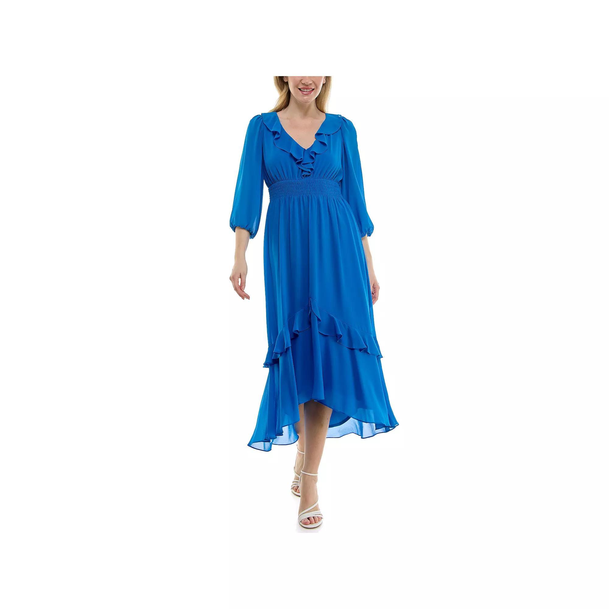 Women's Maison Tara Ruffle Neckline Smocked Waist Midi Dress, Size: 4, Blue Product Image
