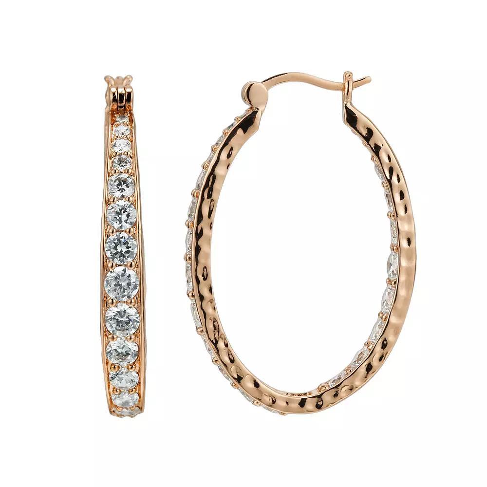 18k Rose Gold Over Silver-Plated Cubic Zirconia Hammered U-Hoop Earrings, Women's, White Product Image
