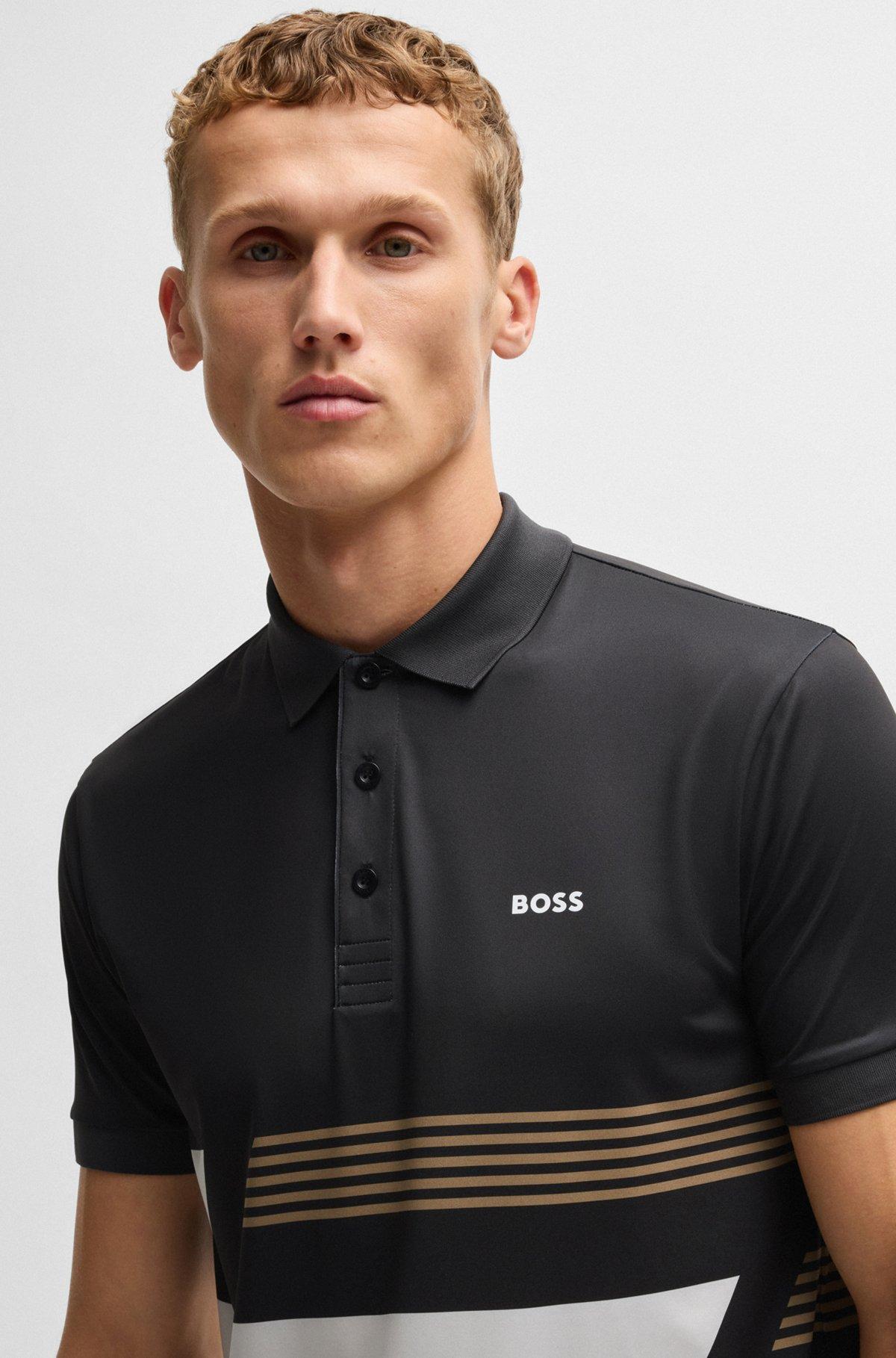 BOSS - Paddy stretch-jersey polo shirt with stripe print - Black Product Image