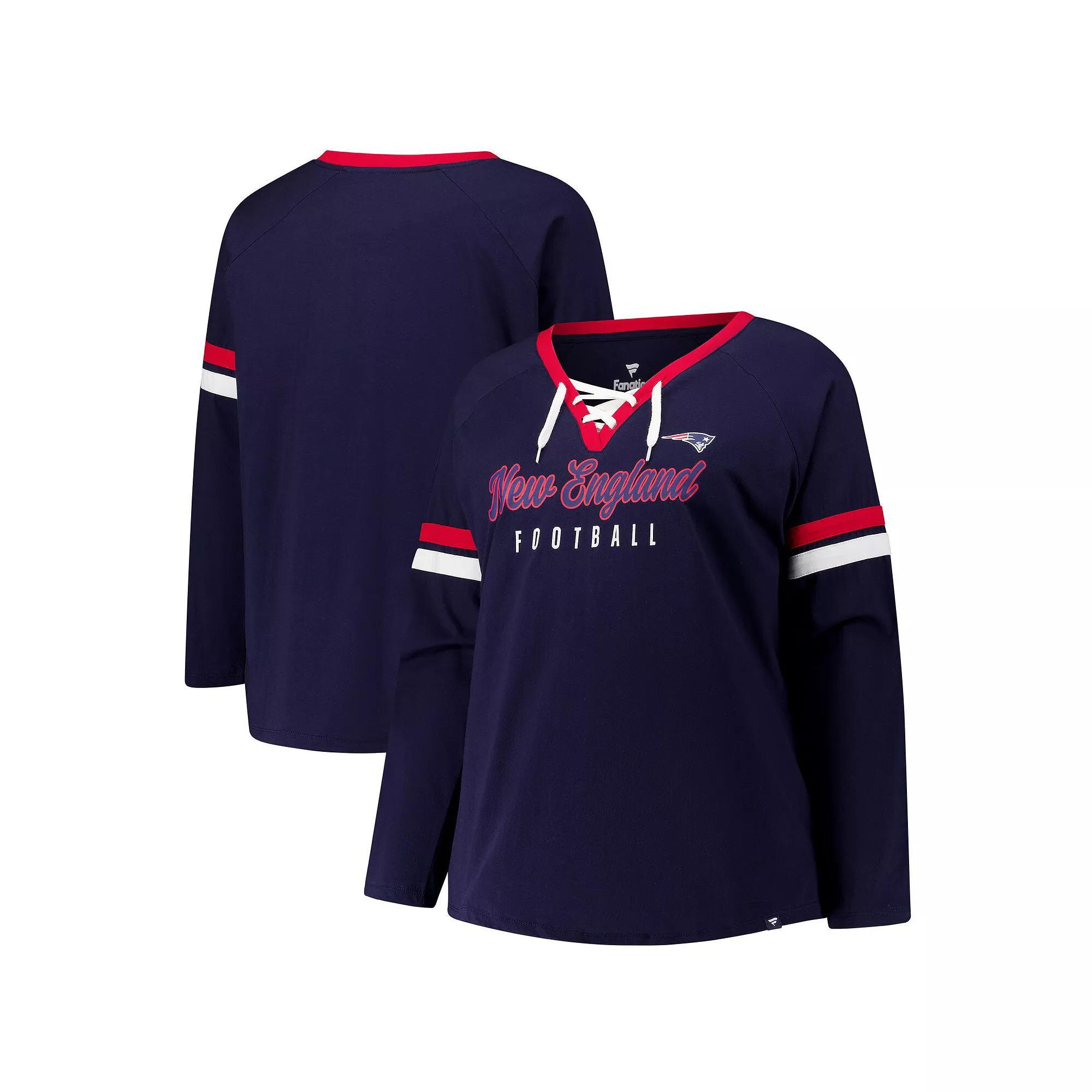 Women's Fanatics Navy New England Patriots Plus Size Lace-Up V-Neck Long Sleeve T-Shirt, Size: 2XL, Blue Product Image