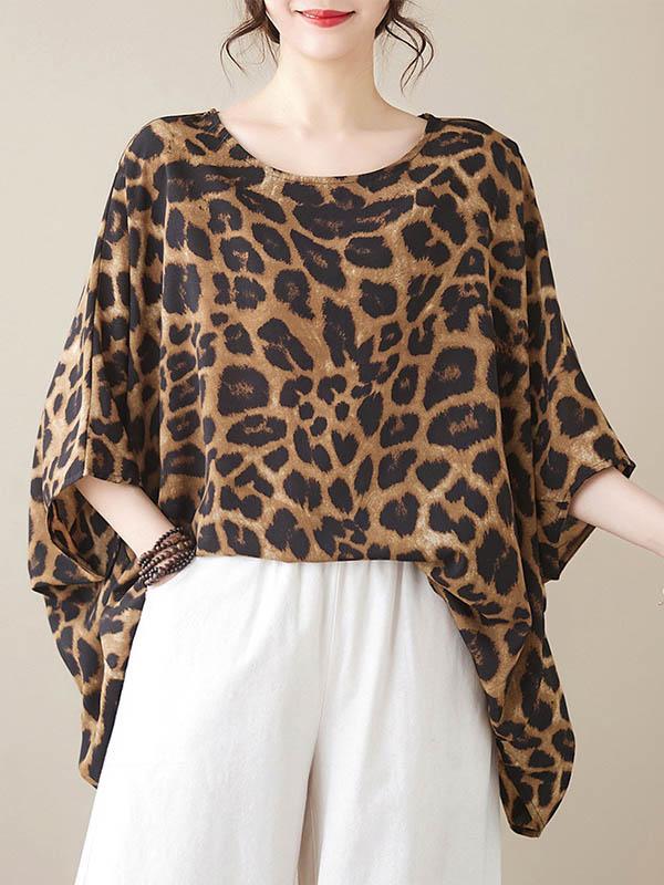 Batwing Sleeves Loose Leopard Round-Neck T-Shirts Tops Product Image