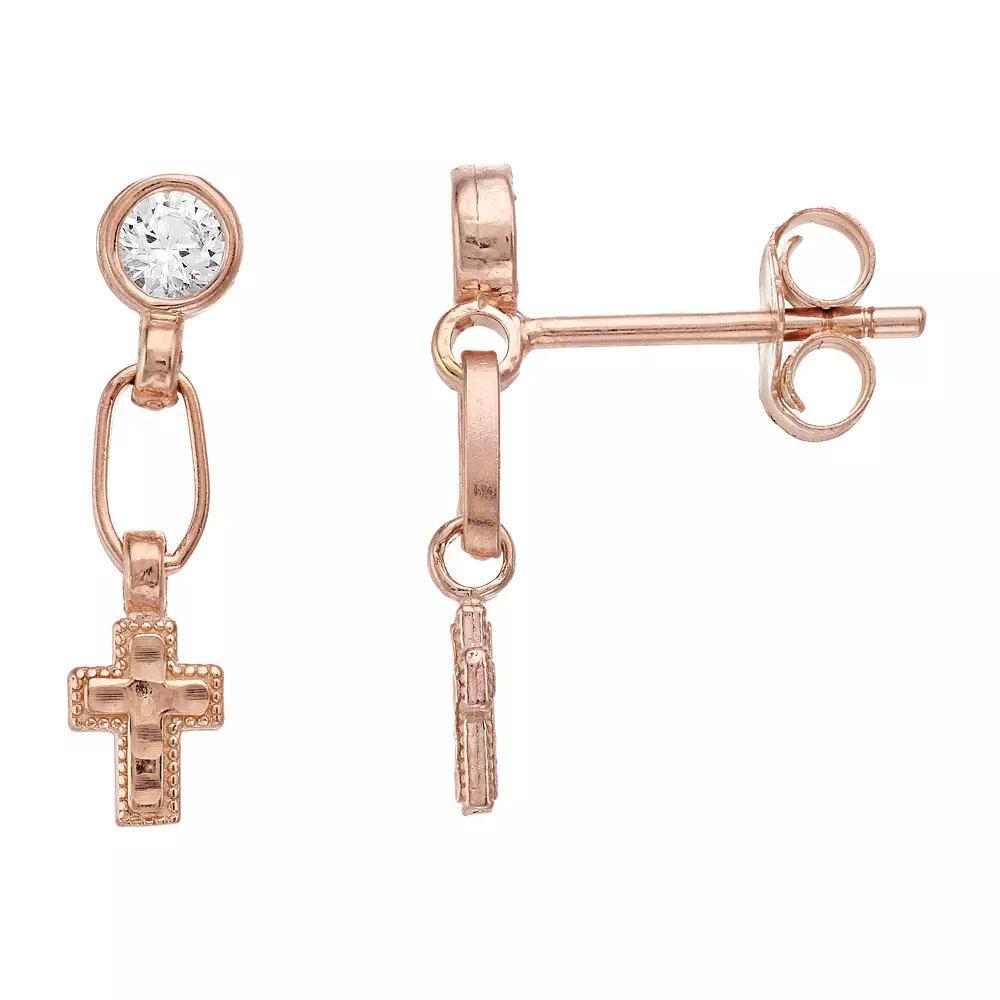 Kristen Kesho Sterling Silver Lab-Created White Sapphire Dangle Cross Drop Earrings, Women's, Pink Tone Product Image