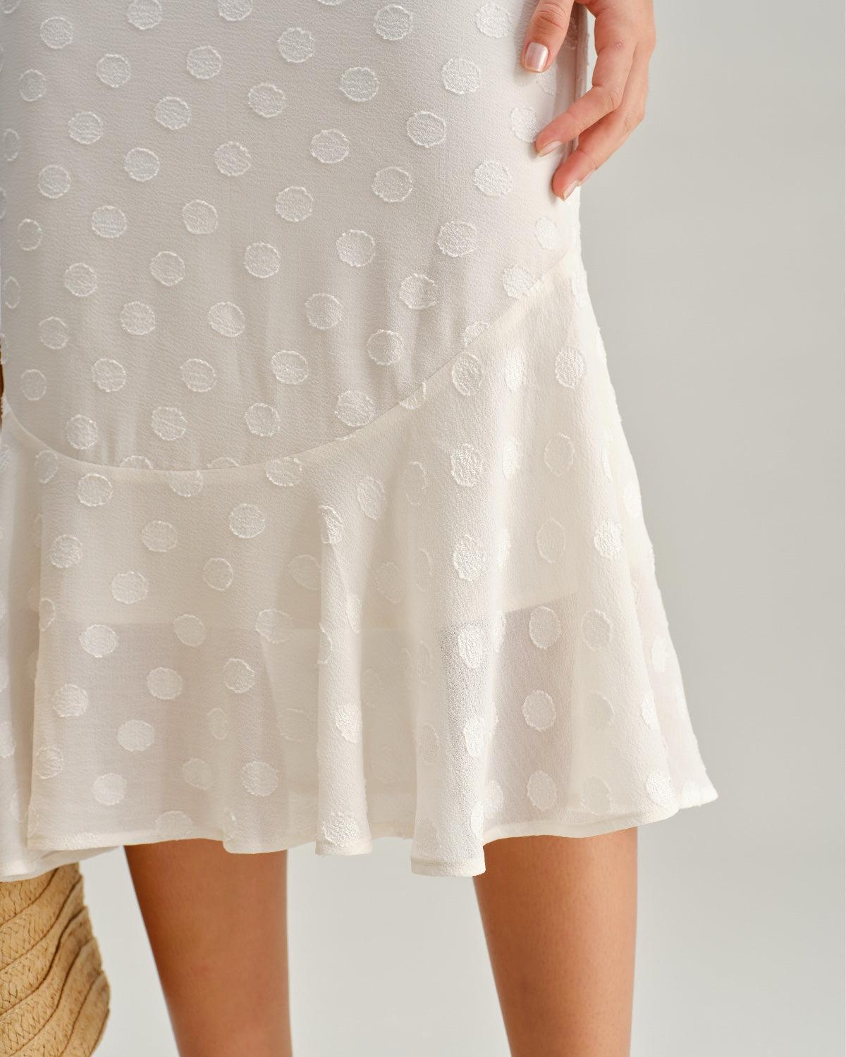 Beige Polka Dot V-Neck Midi Dress Product Image