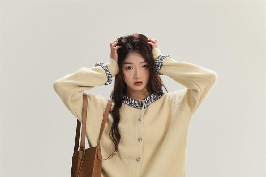 Crew Neck Gingham Panel Frill Trim Button-Up Cardigan Product Image