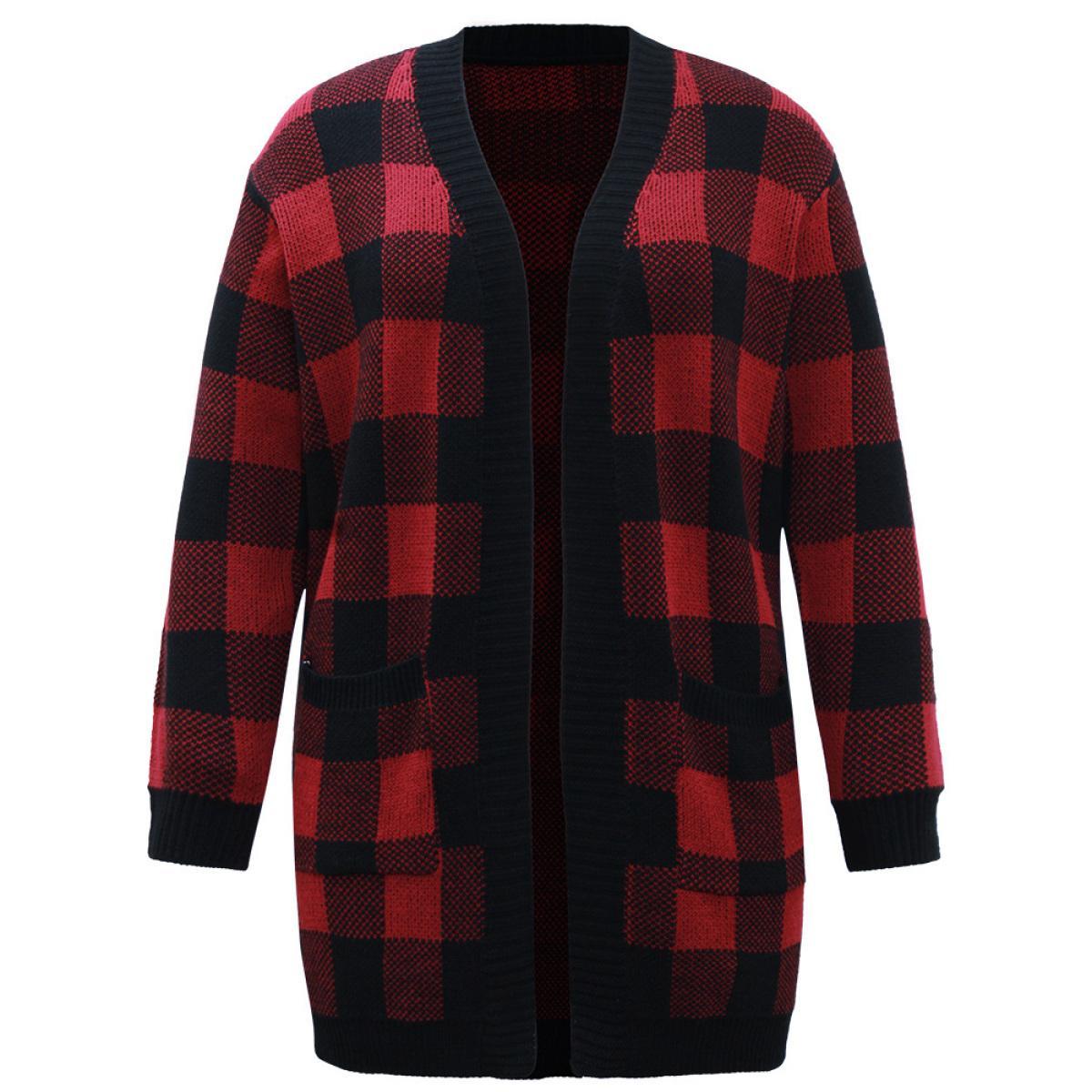 Plus Size Plaid Patched Pocket Loose Cardigan Scarlet Women Casual Loose Long Sleeve Everyday Cardigans BloomChic 10/M Product Image