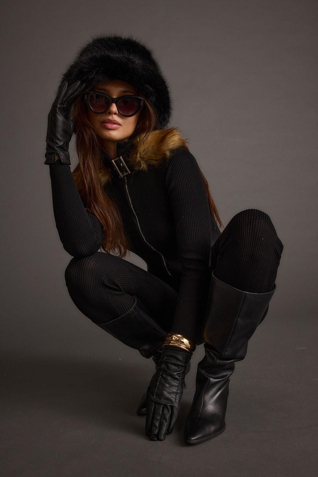 Apres Faux Fur Trimmed Black Ribbed Knit Jumpsuit Product Image