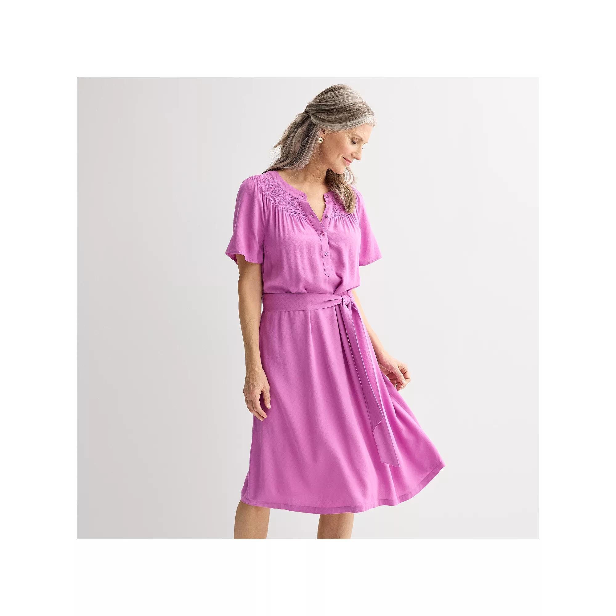 Women's Croft & Barrow® Smocked Neck Button-Front Dress, Size: Medium, Pink Wonder Product Image