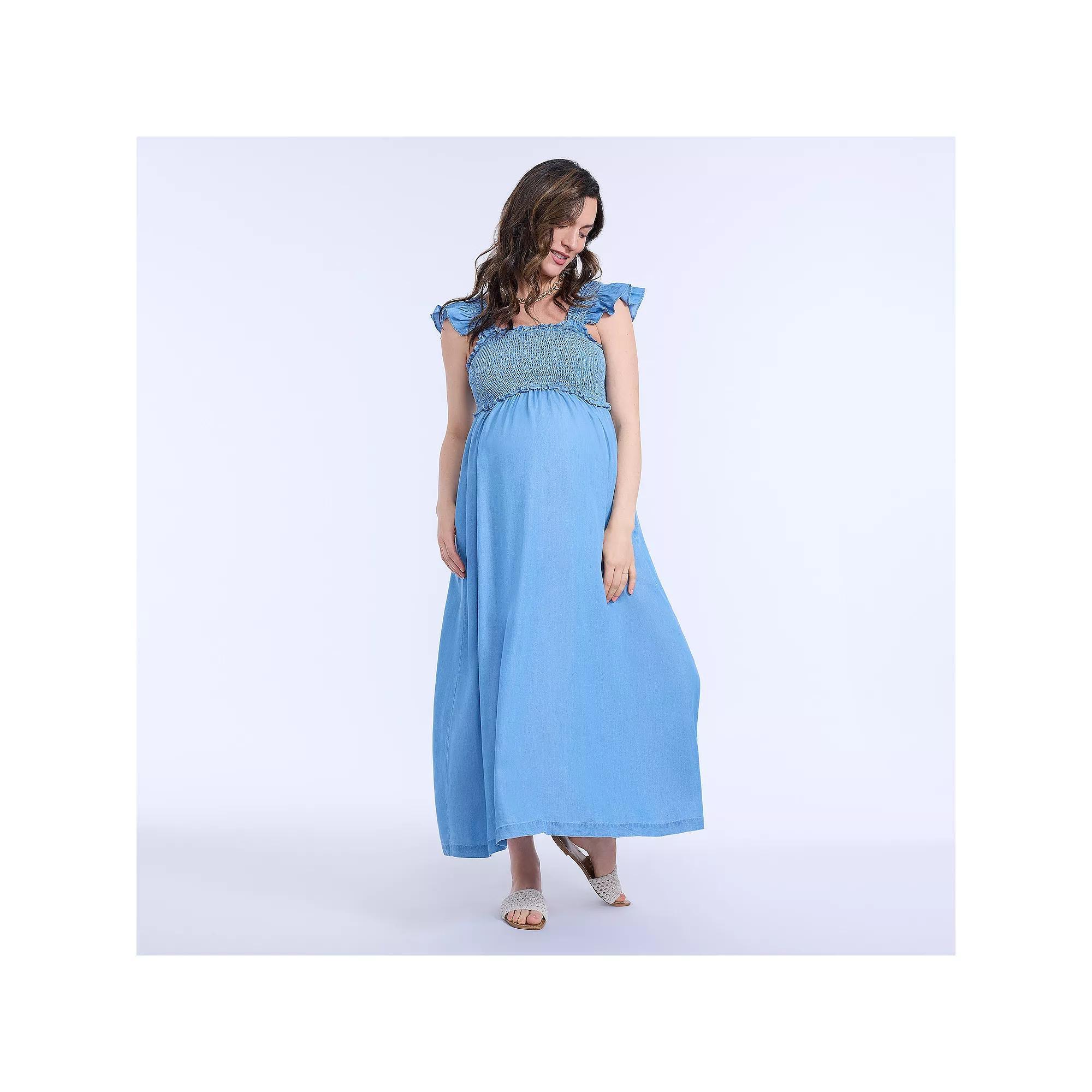 Maternity Motherhood® Sleeveless Ruffle Shoulder Smocked Dress, Women's, Size: XL-Mat, Chambray Product Image