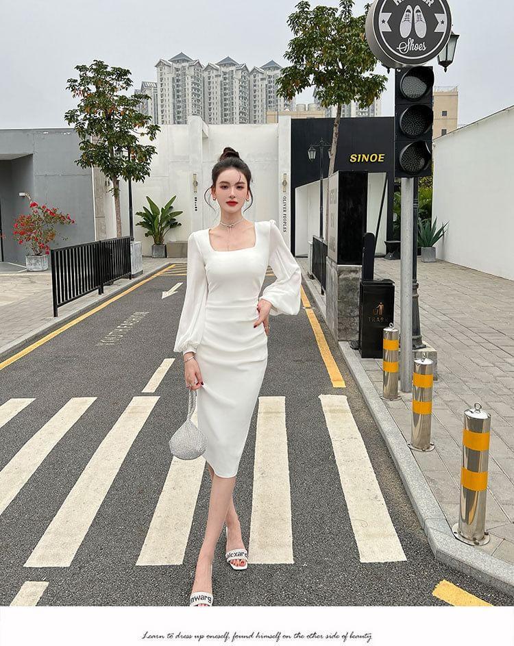 Long-Sleeve Square Neck Plain Ruched Midi Sheath Dress Product Image