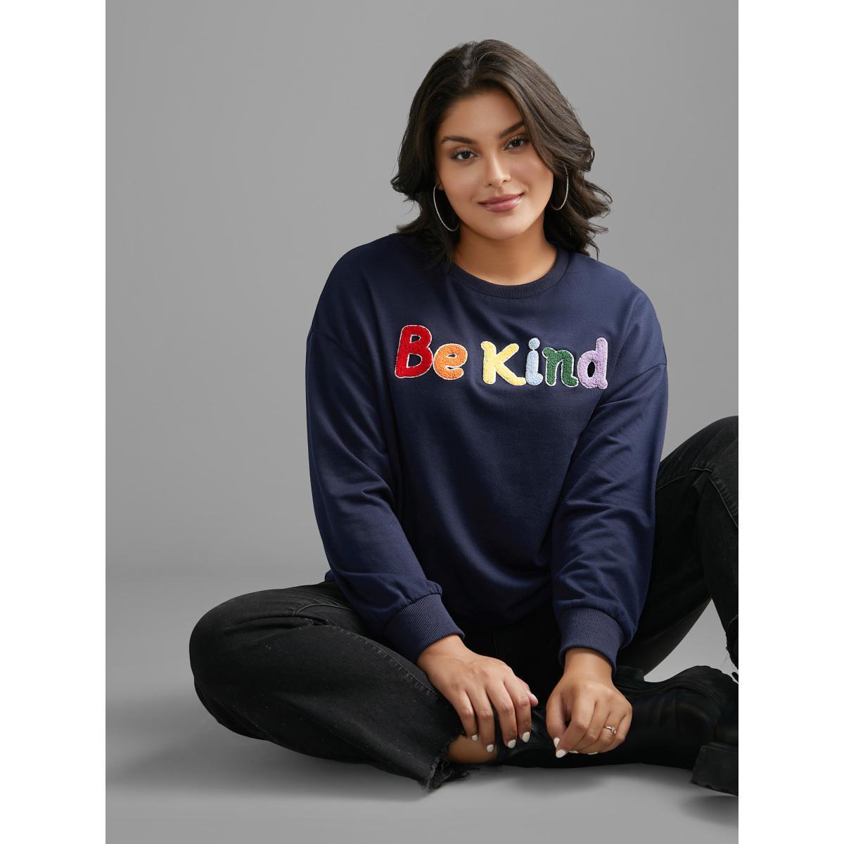 Plus Size Be Kind Towel Embroidered Sweatshirt Women Indigo Casual Embroidered Round Neck Everyday Sweatshirts BloomChic 26/4X Product Image
