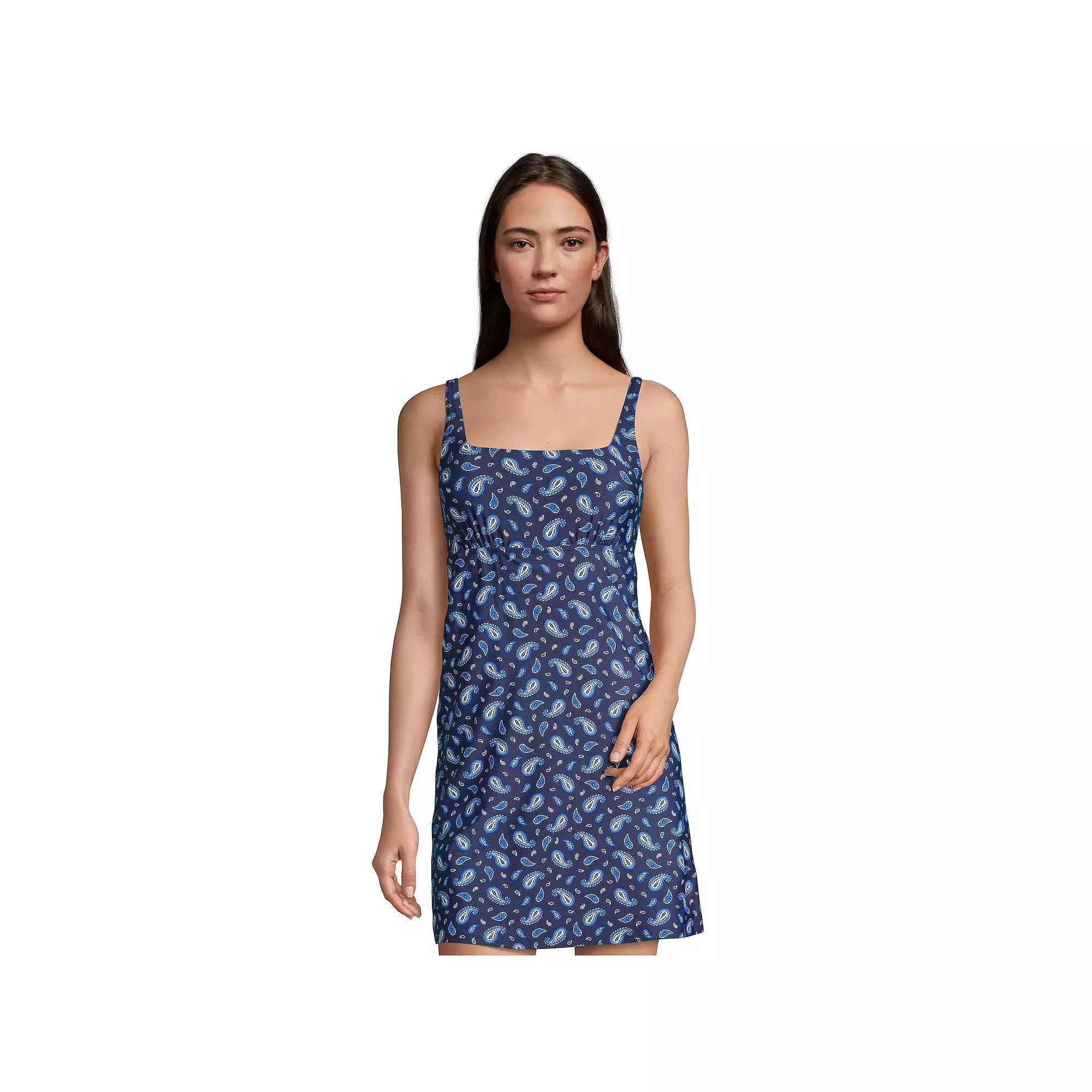 Women's Lands' End Tummy Control UPF 50 Squareneck One-Piece Swim Dress, Size: 2, Deep Blue Paisley Product Image