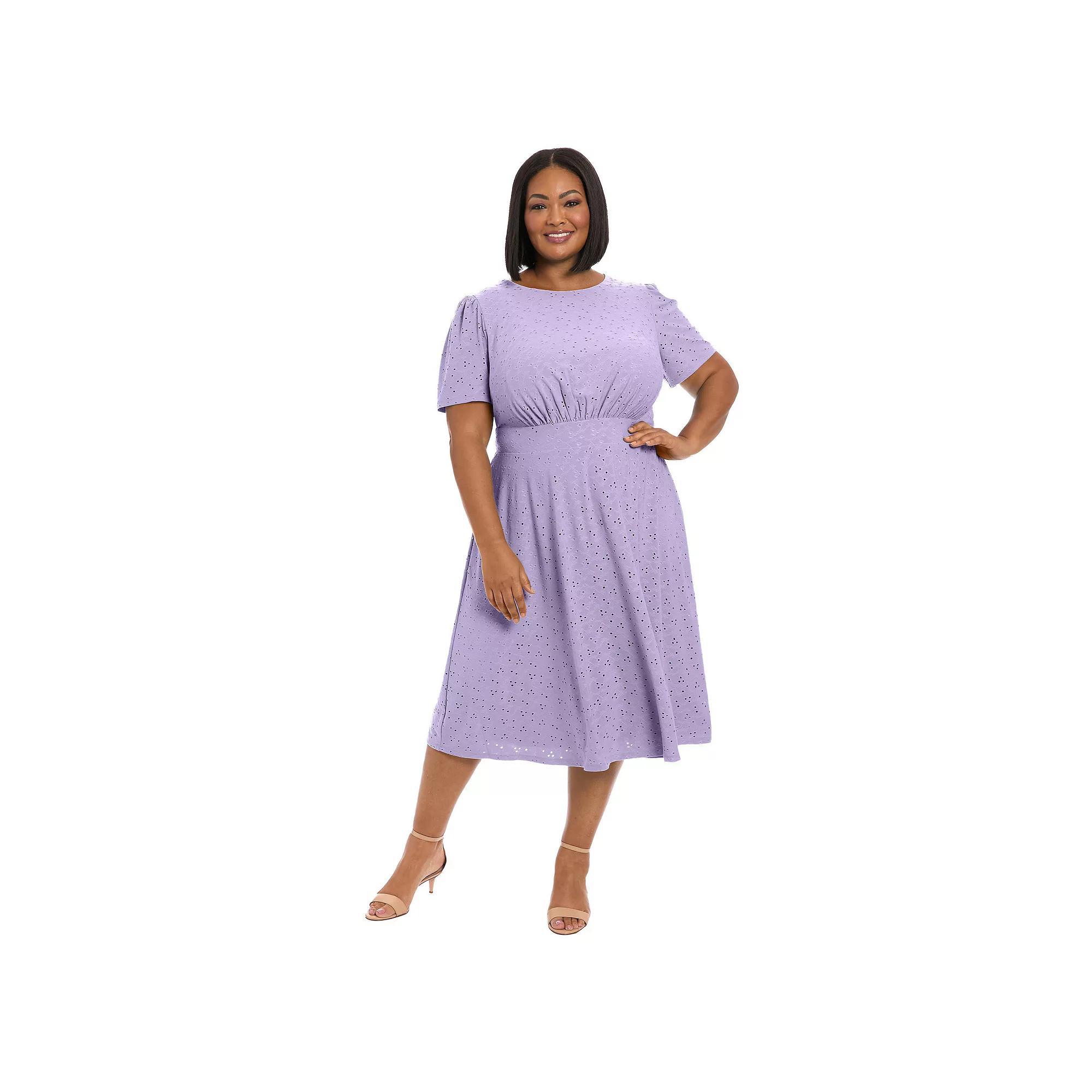 Plus Size London Times Short Sleeve Eyelet Inset Waist Midi, Women's, Size: 14 W, Purple Tulip Product Image