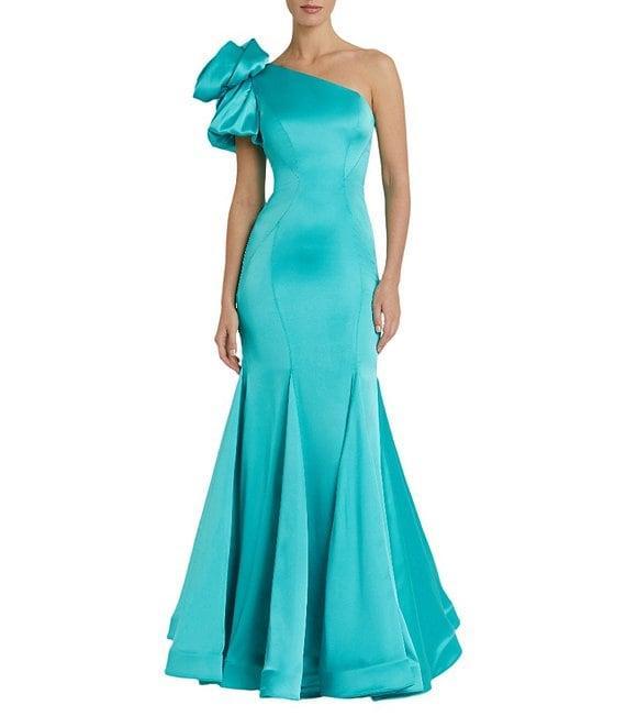 Mac Duggal Satin One Shoulder Neck Sleeveless Bow Detail Mermaid Gown Product Image
