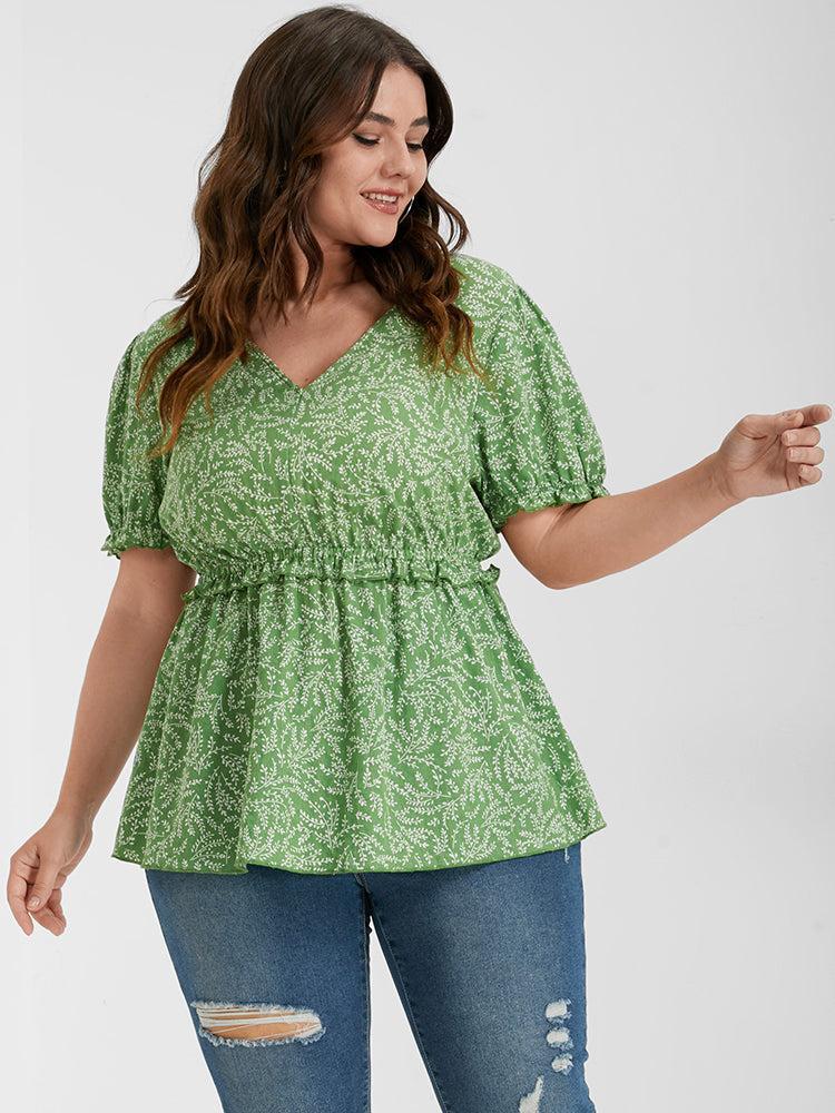 Ditsy Floral Ruffled Trim Puff Sleeve V Neck Blouse Female Product Image