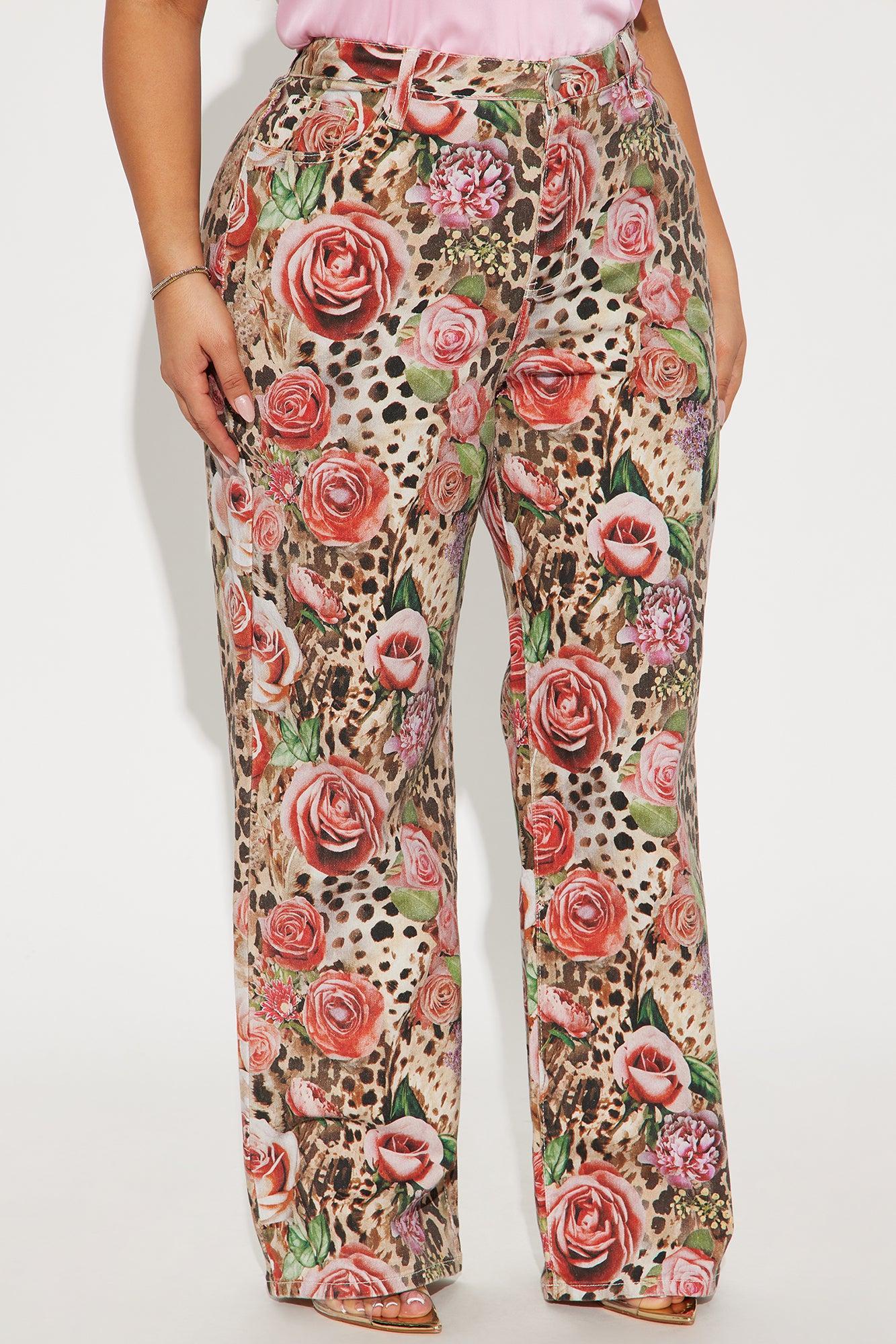 Keep Me Wild Floral Animal Print Stretch Baggy Jeans - Brown Combo Product Image