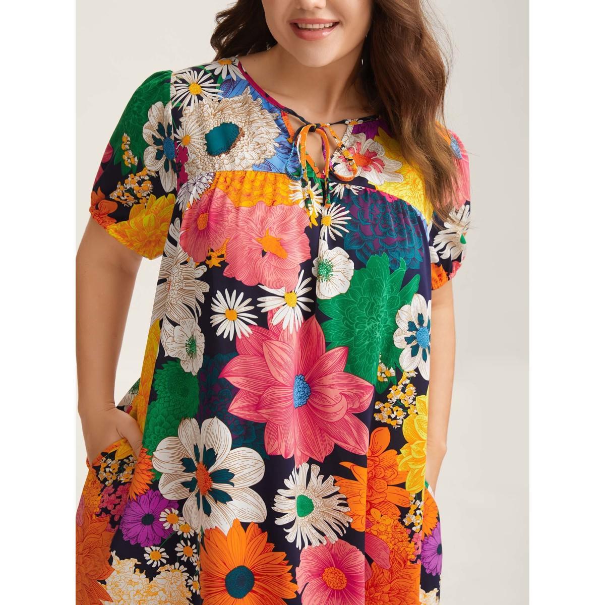 Plus Size Large Floral Print Neck Tie Midi Dress DarkBlue Women Notched collar Short sleeve Curvy BloomChic 28/5X Product Image