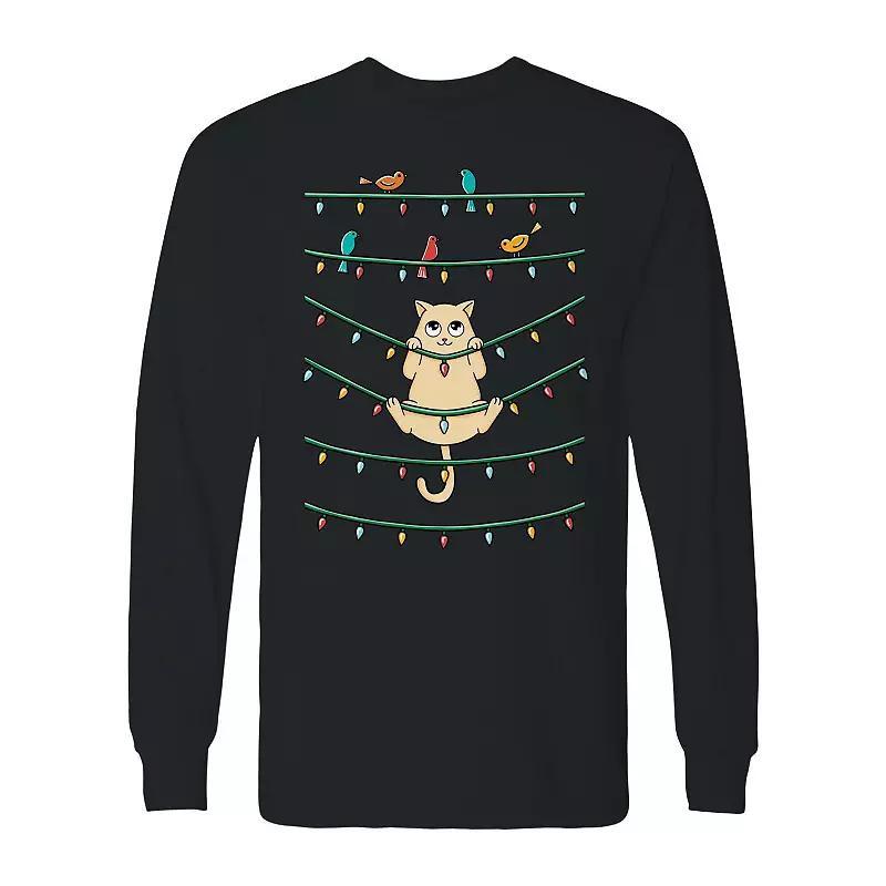 Men's Cat and Birds Christmas Long Sleeve Graphic Tee, Size: Medium, Black Product Image