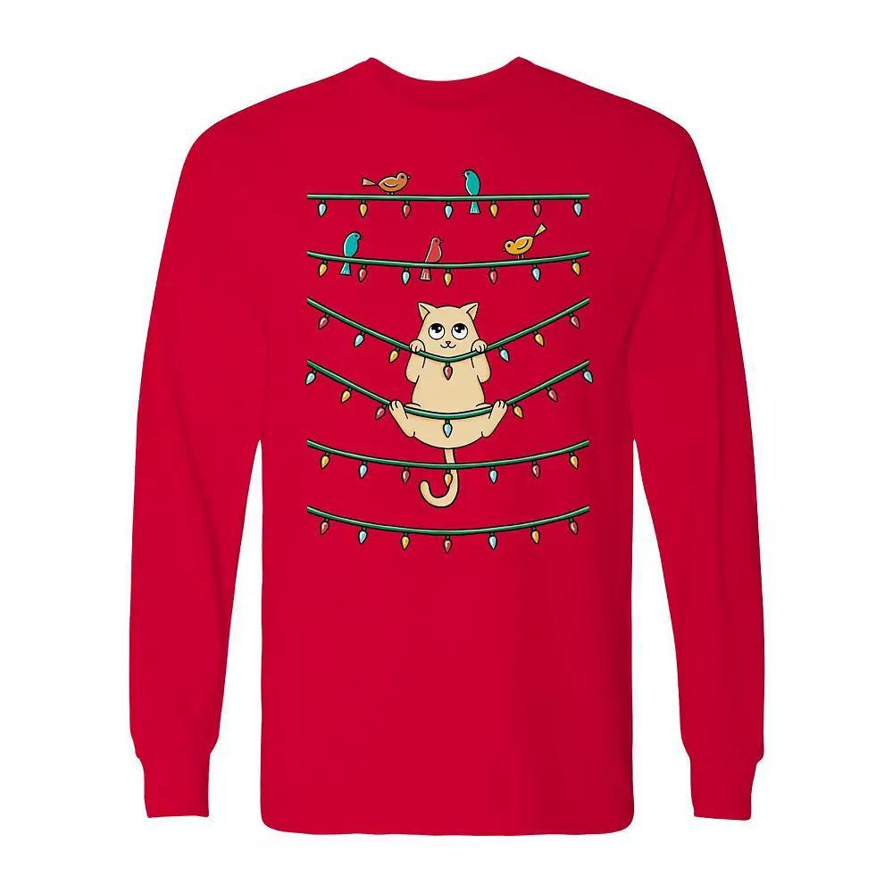 Men's Cat and Birds Christmas Long Sleeve Graphic Tee, Size: Medium, Black Product Image