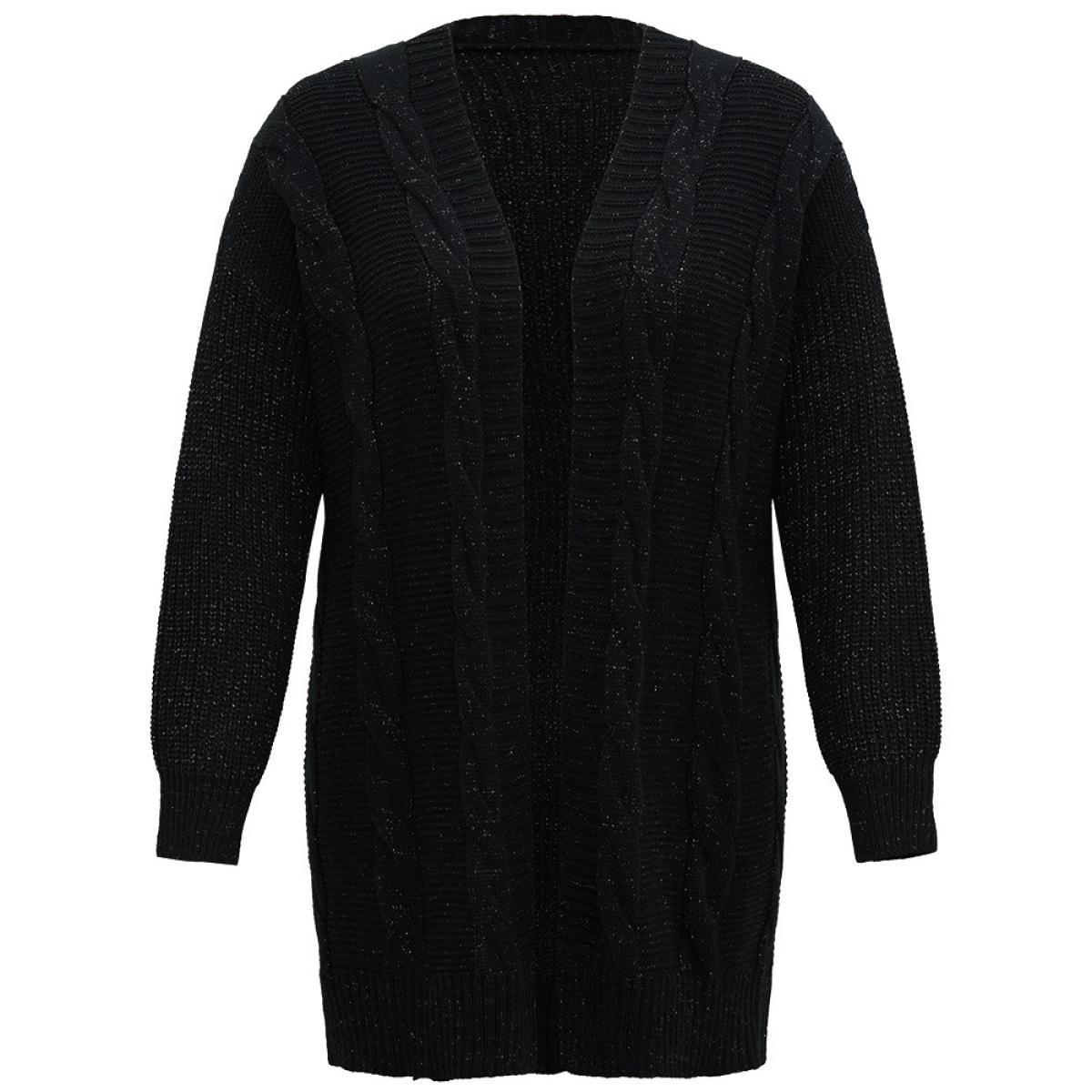 Plus Size Lurex Cable Knit Drop Shoulder Cardigan Black Women Casual Loose Long Sleeve Dailywear Cardigans BloomChic 30/6X Product Image