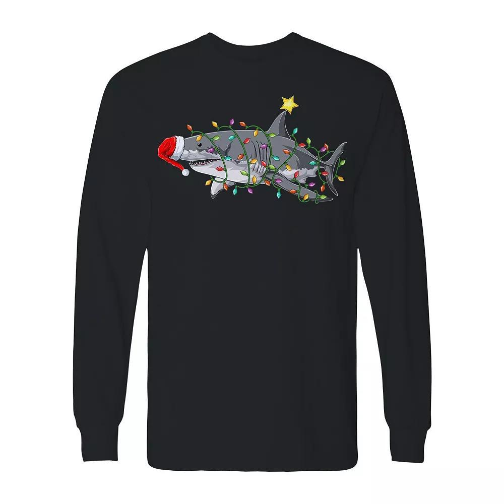 Men's Christmas Light Shark Long Sleeve Graphic Tee, Size: Large, Black Product Image