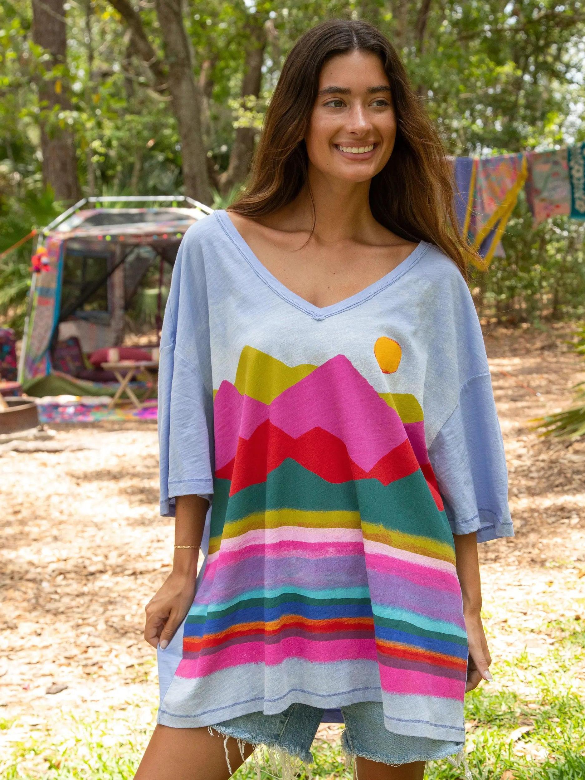 One Size Cotton Easy V-Neck Tee - Periwinkle Mountain Range Product Image