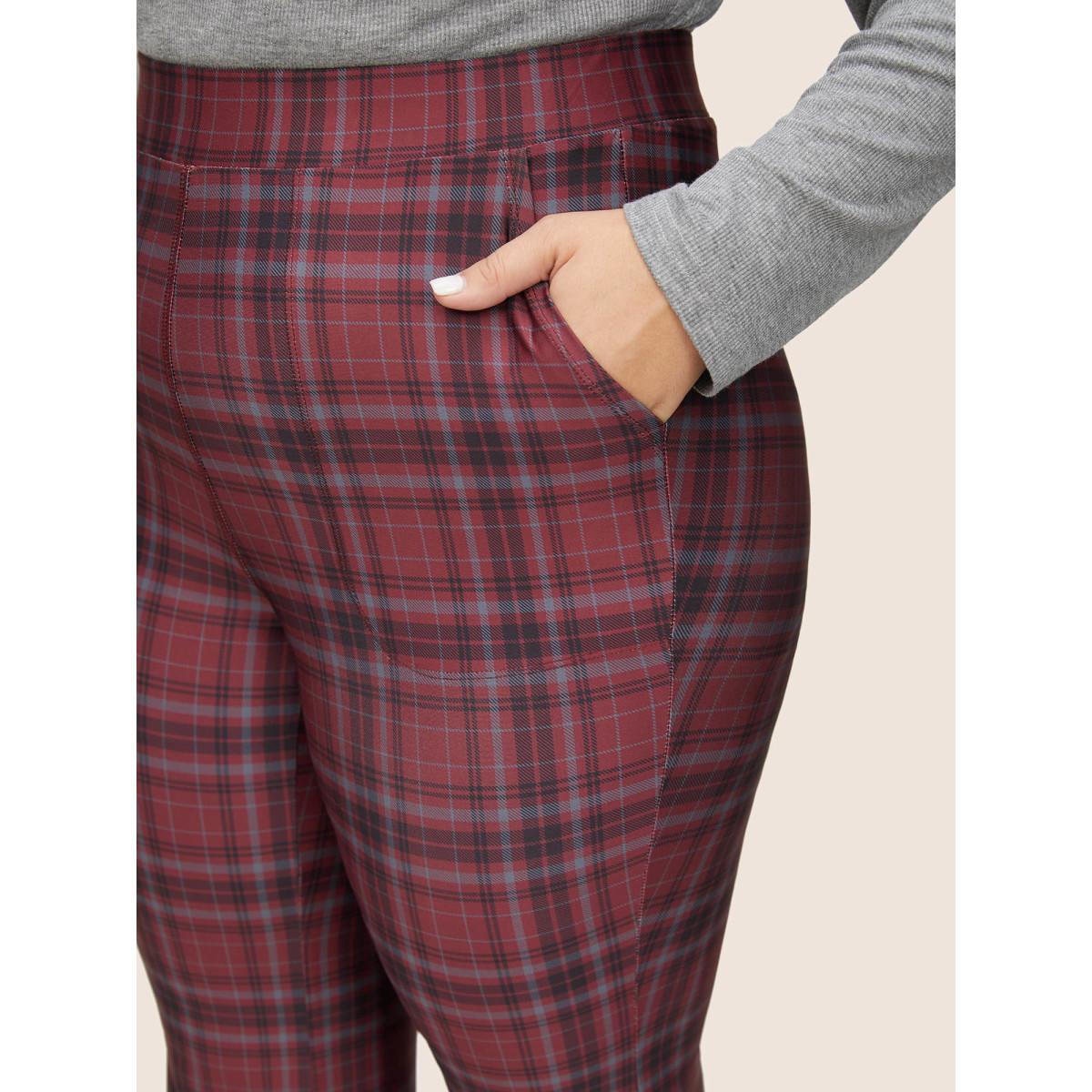 Plus Size Plaid Pocket Elastic Waist Bootcut Leggings Women Maroon At the Office High stretch Bootcut High Rise Work Leggings BloomChic 10/M Product Image