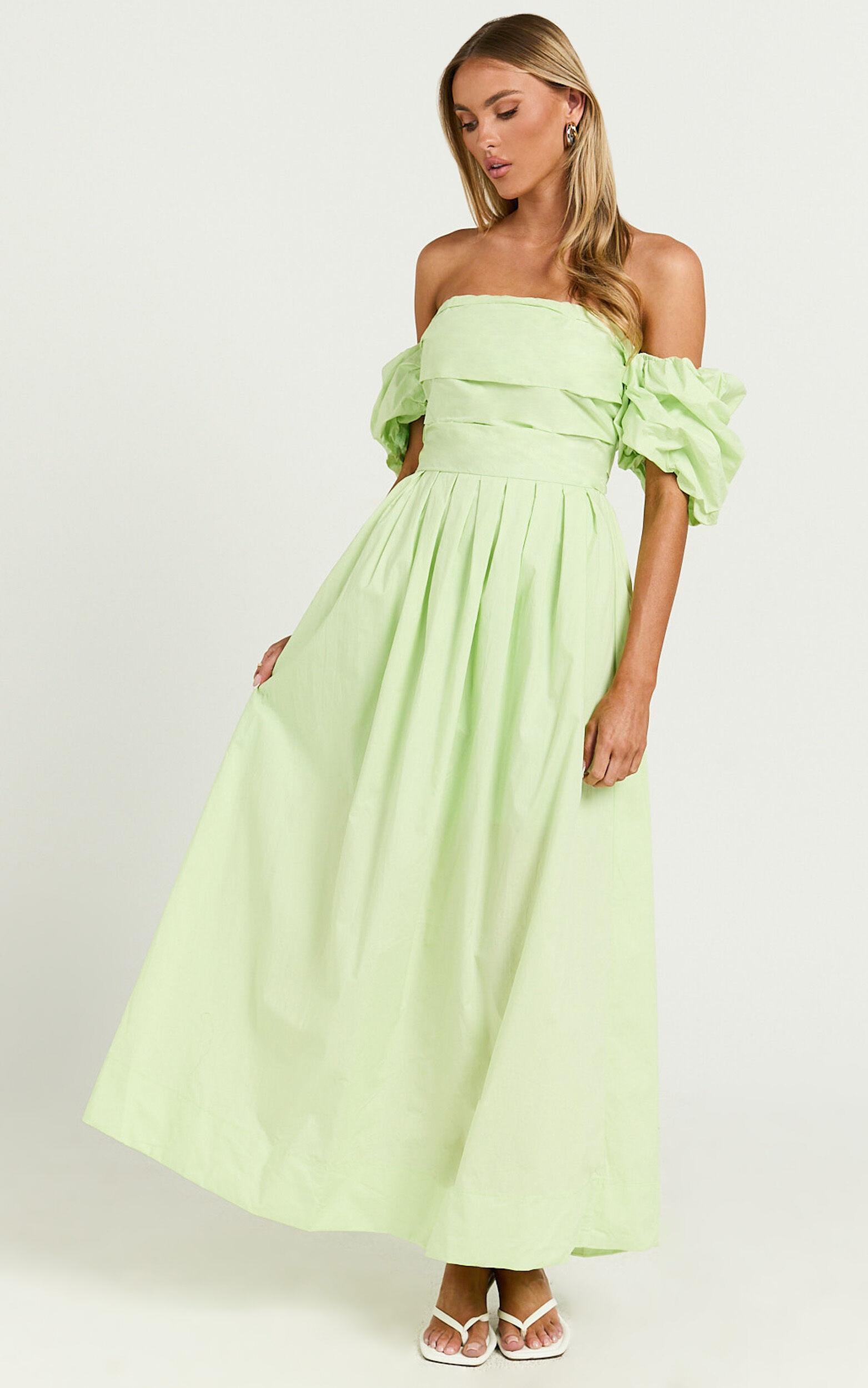 Annie Midi Dress - Off The Shoulder Ruffle Sleeve Pleated Dress in Lime Product Image