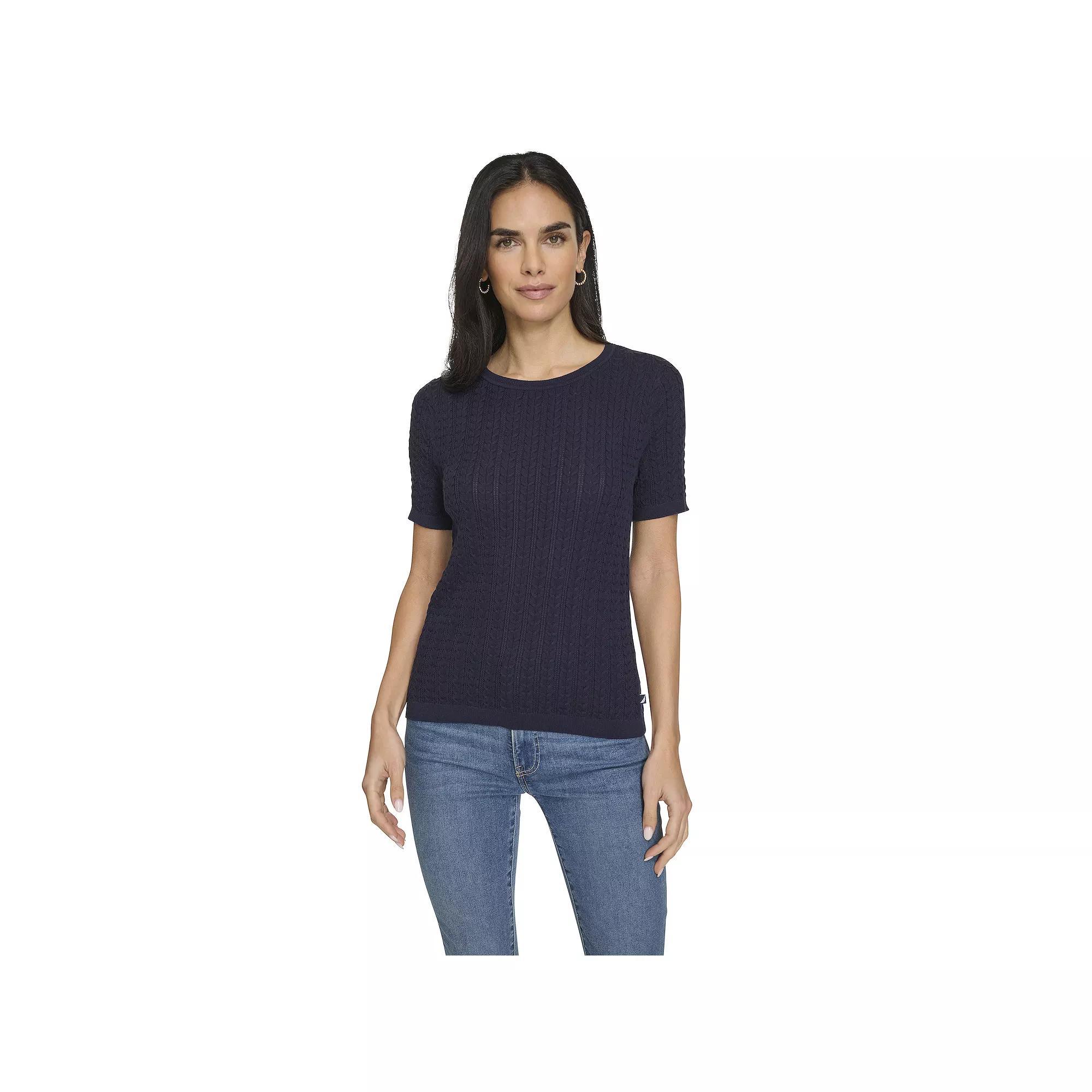 Women's Nautica Cable Knit Short Sleeve Sweater, Size: Large, Black Product Image