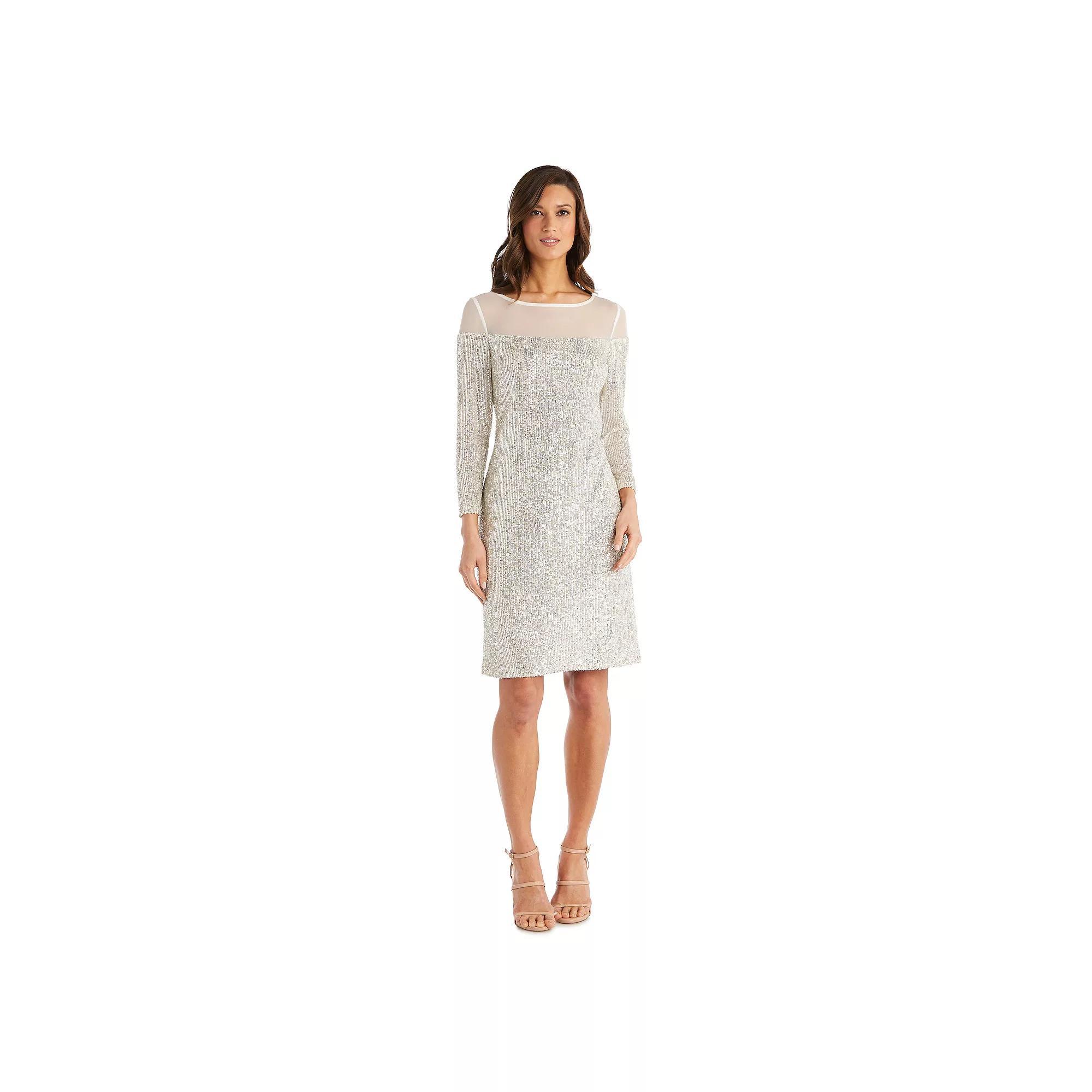 Women's R&M Richards Illusion Bodice Sequin Dress, Size: 14, Beige Product Image