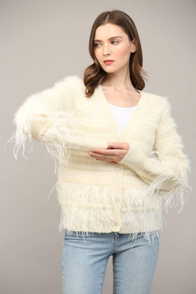 Feather Trim Wool Blend Cardigan Product Image