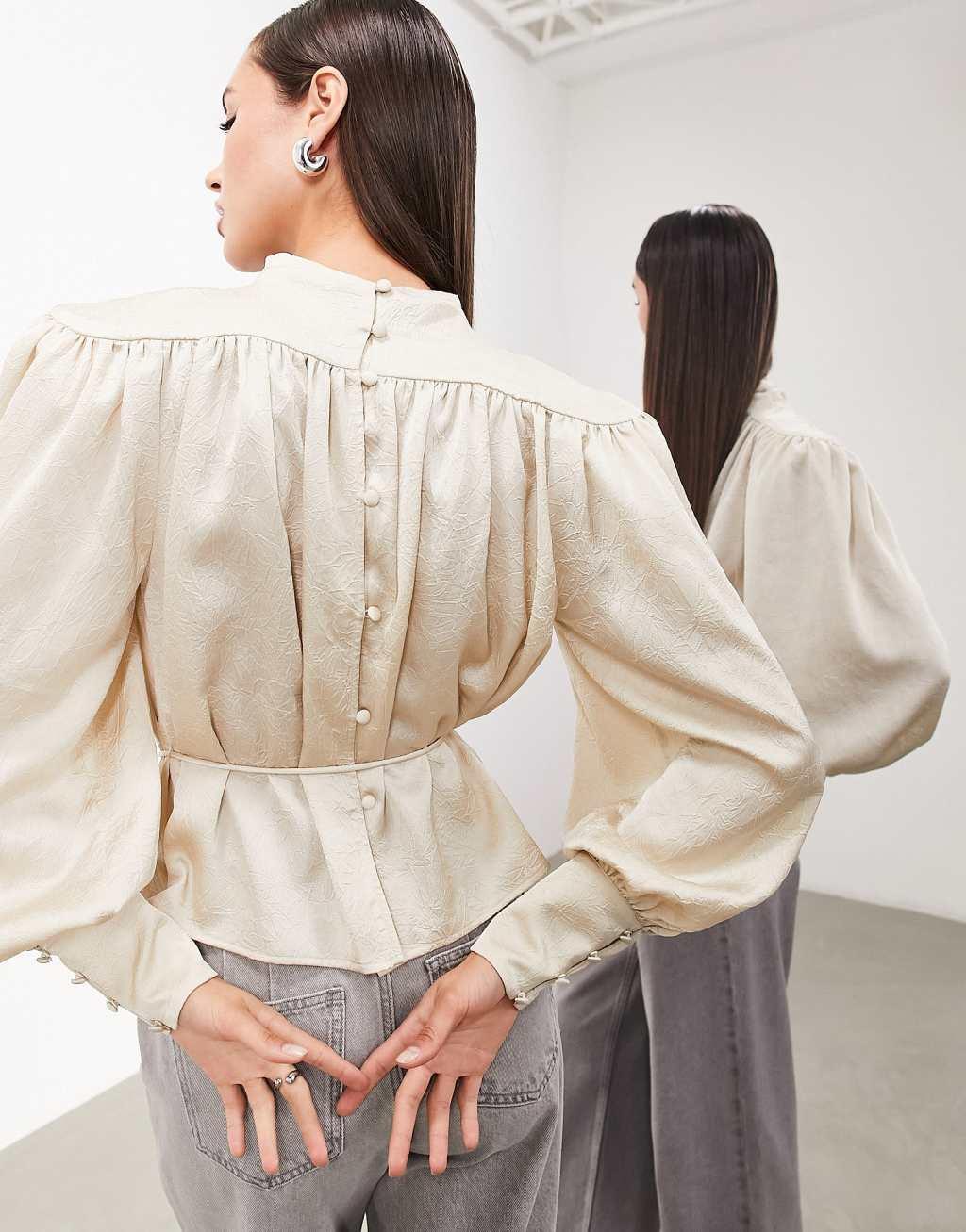 ASOS EDITION hammered satin bold shoulder cropped blouse with removable tie Product Image