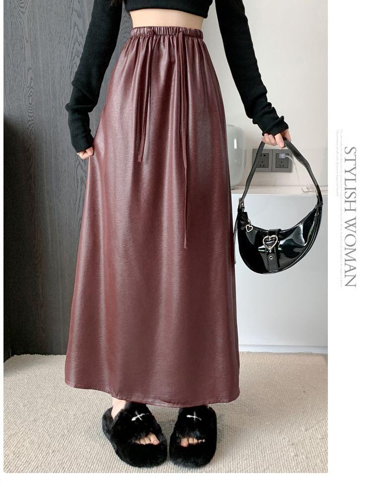 Drawstring Waist Plain Faux Leather Midi A-Line Skirt Product Image