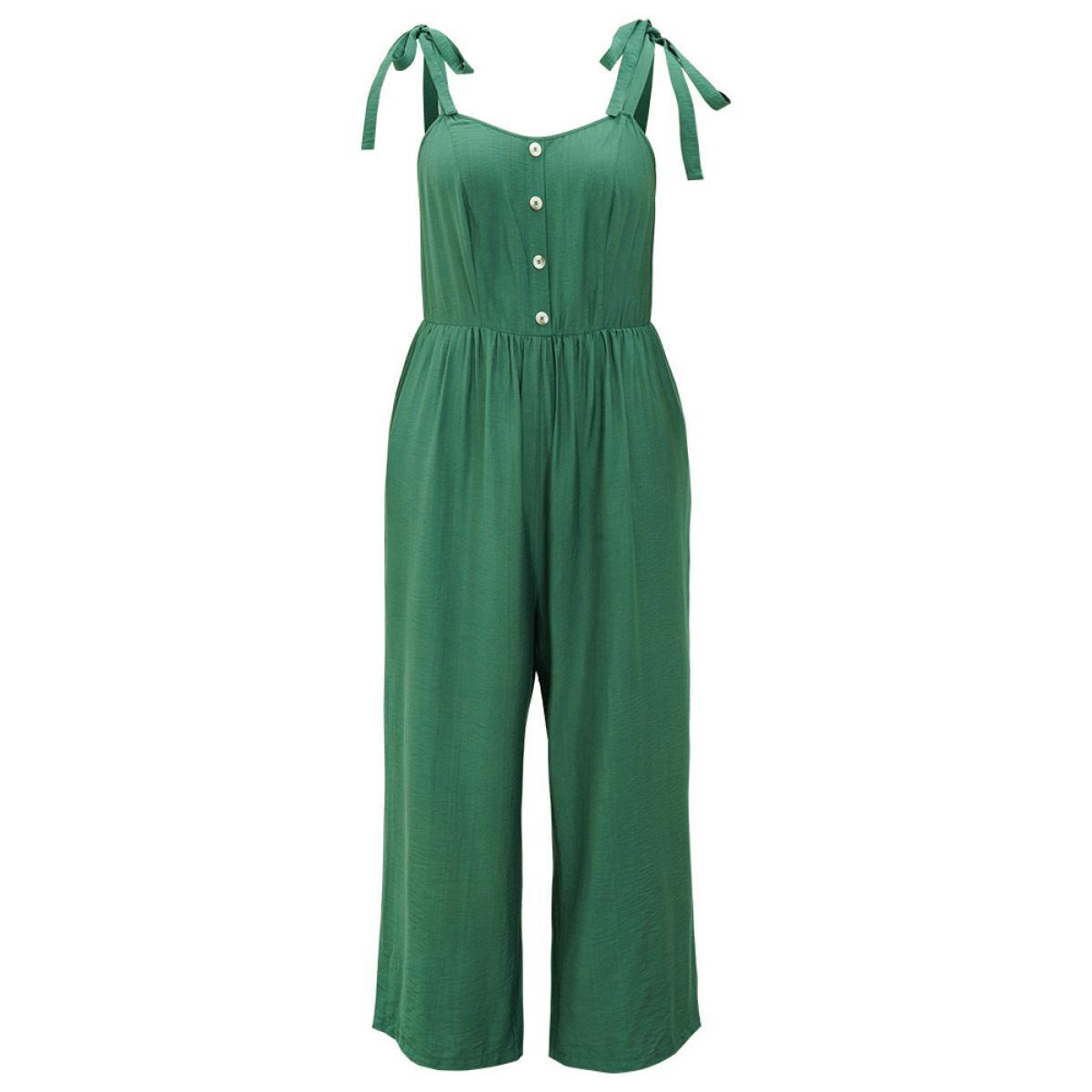 Plus Size Green Solid Button Detail Pocket Elastic Waist Knotted Shoulder Jumpsuit Women Elegant Sleeveless Spaghetti Strap Dailywear Loose Jumpsuits BloomChic 14-16/1X Product Image