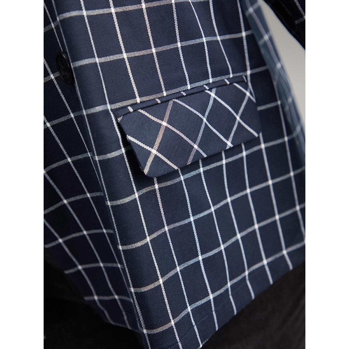 Plus Size Plaid Flap Detail Suit Collar Button Up Blazer DarkBlue Women Dailywear Plaid Contrast Sleeve Long Sleeve Suit Collar 18-20/2X Pocket Casual Blazers BloomChic Product Image
