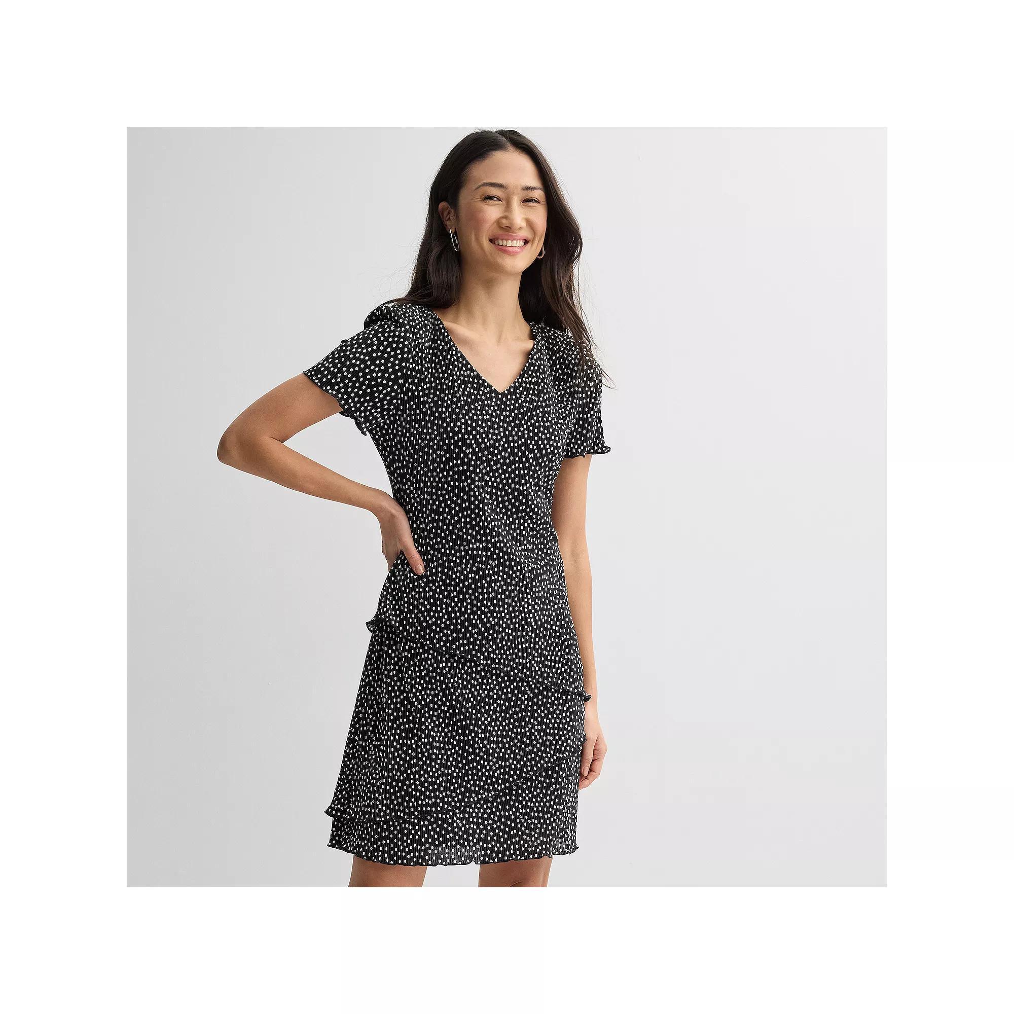 Petite Studio Connection V-Neck Short Sleeve Bodre Tiered Dress, Women's, Size: 8 Petite, Black Ditsy Product Image
