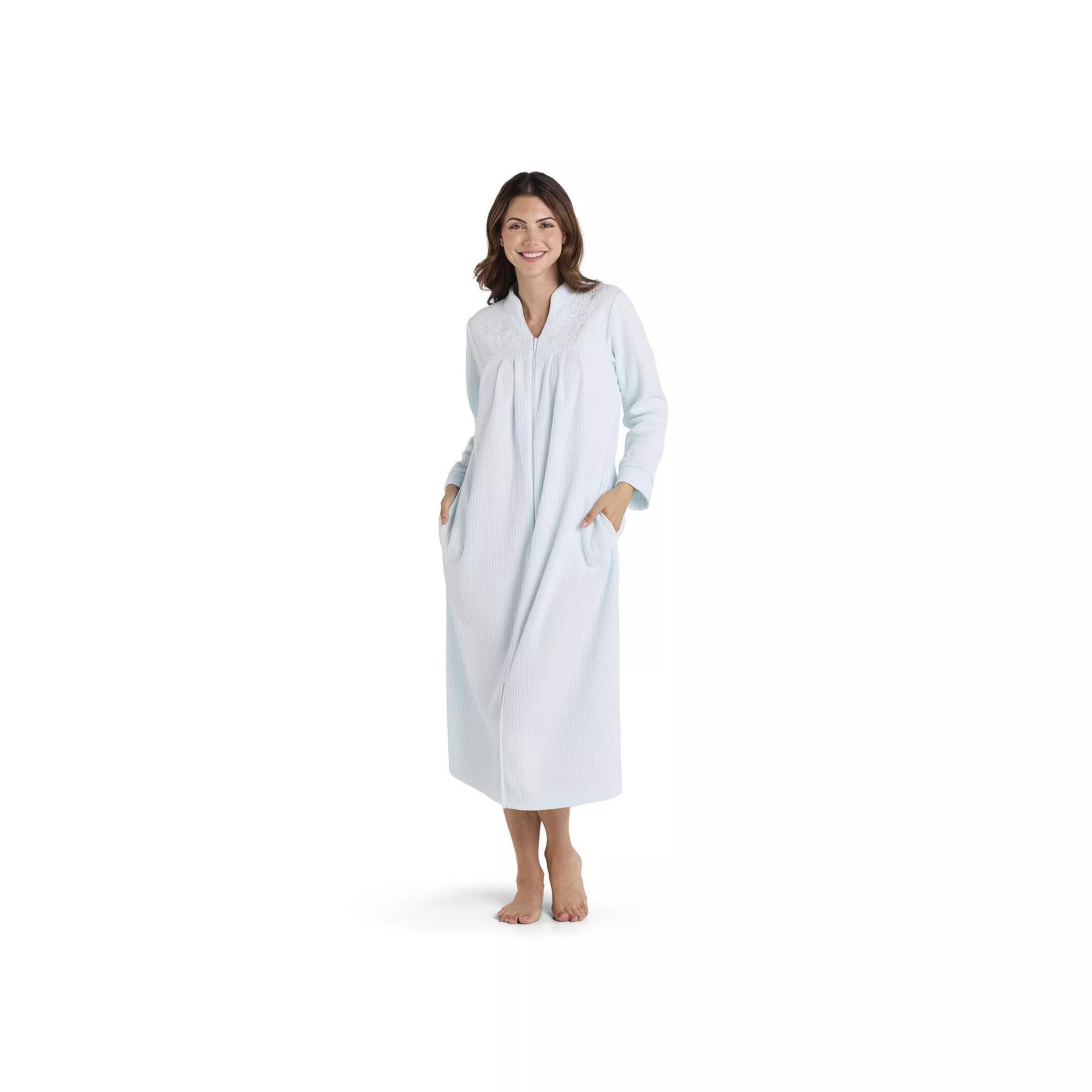 Women's Miss Elaine Essentials Brushed Back Terry Long Zip Robe, Size: Small, Blue Product Image