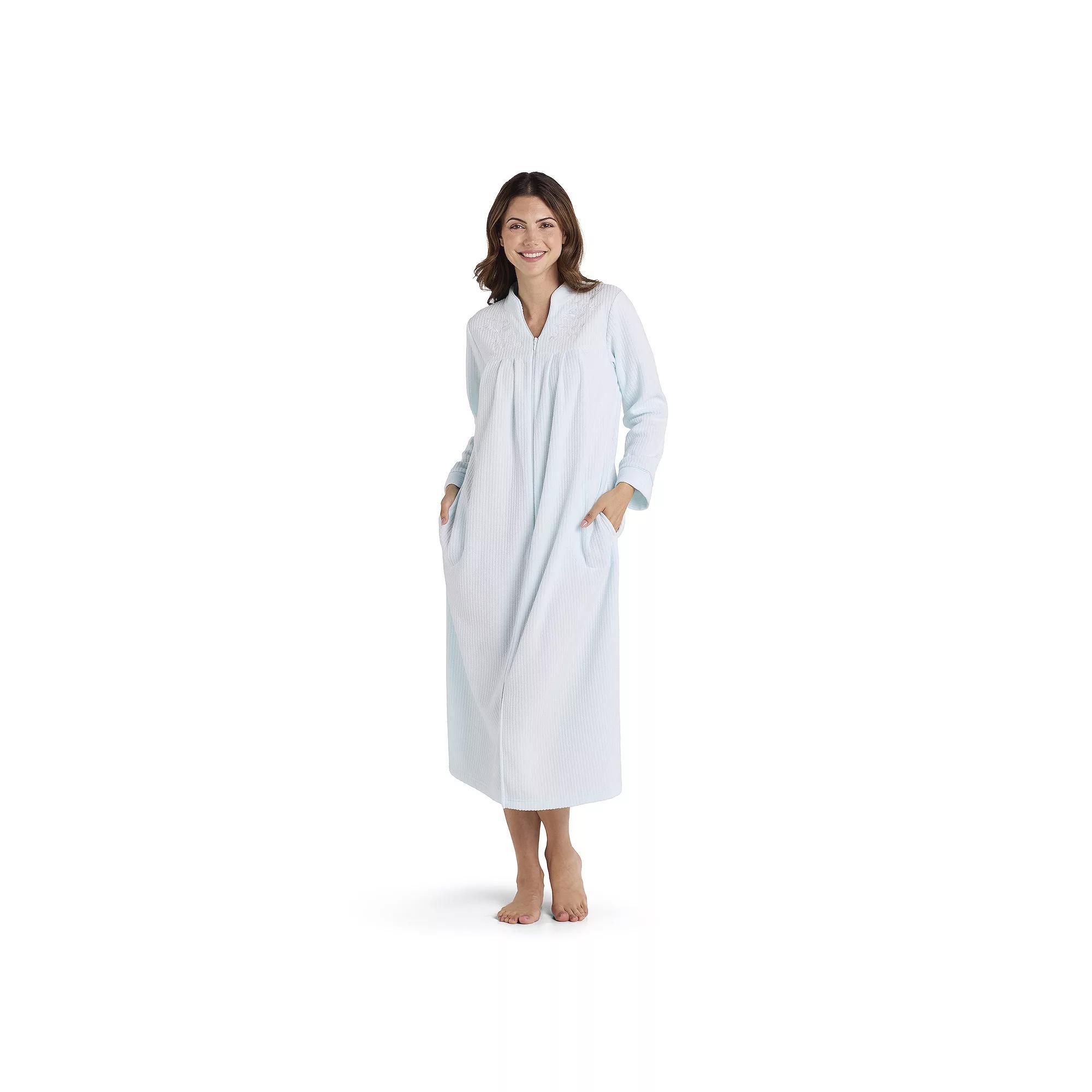 Women's Miss Elaine Essentials Brushed Back Terry Long Zip Robe, Size: Small, Blue Product Image