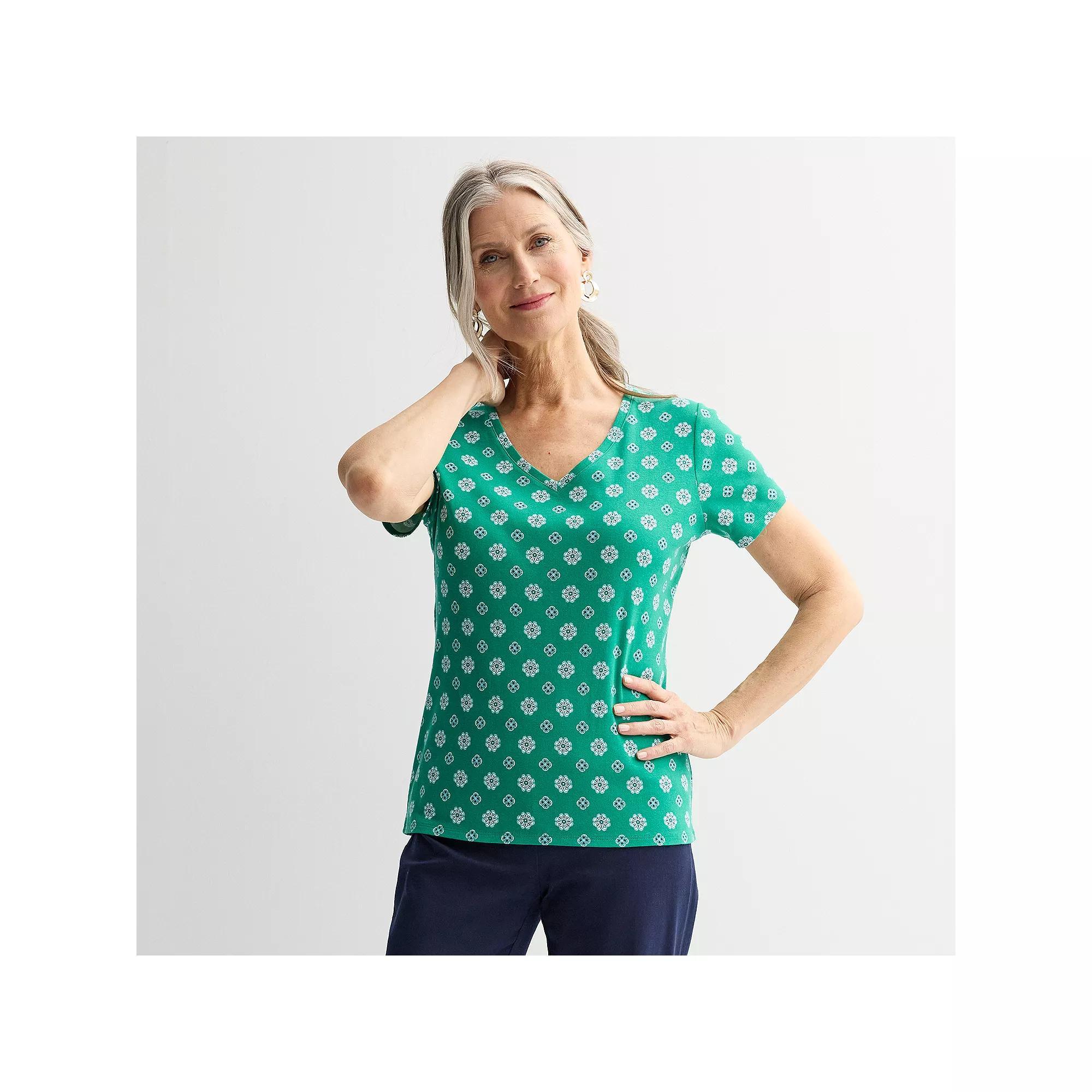 Women's Croft & Barrow® Essential V-Neck Tee, Size: Large, Green Mini Geo Product Image
