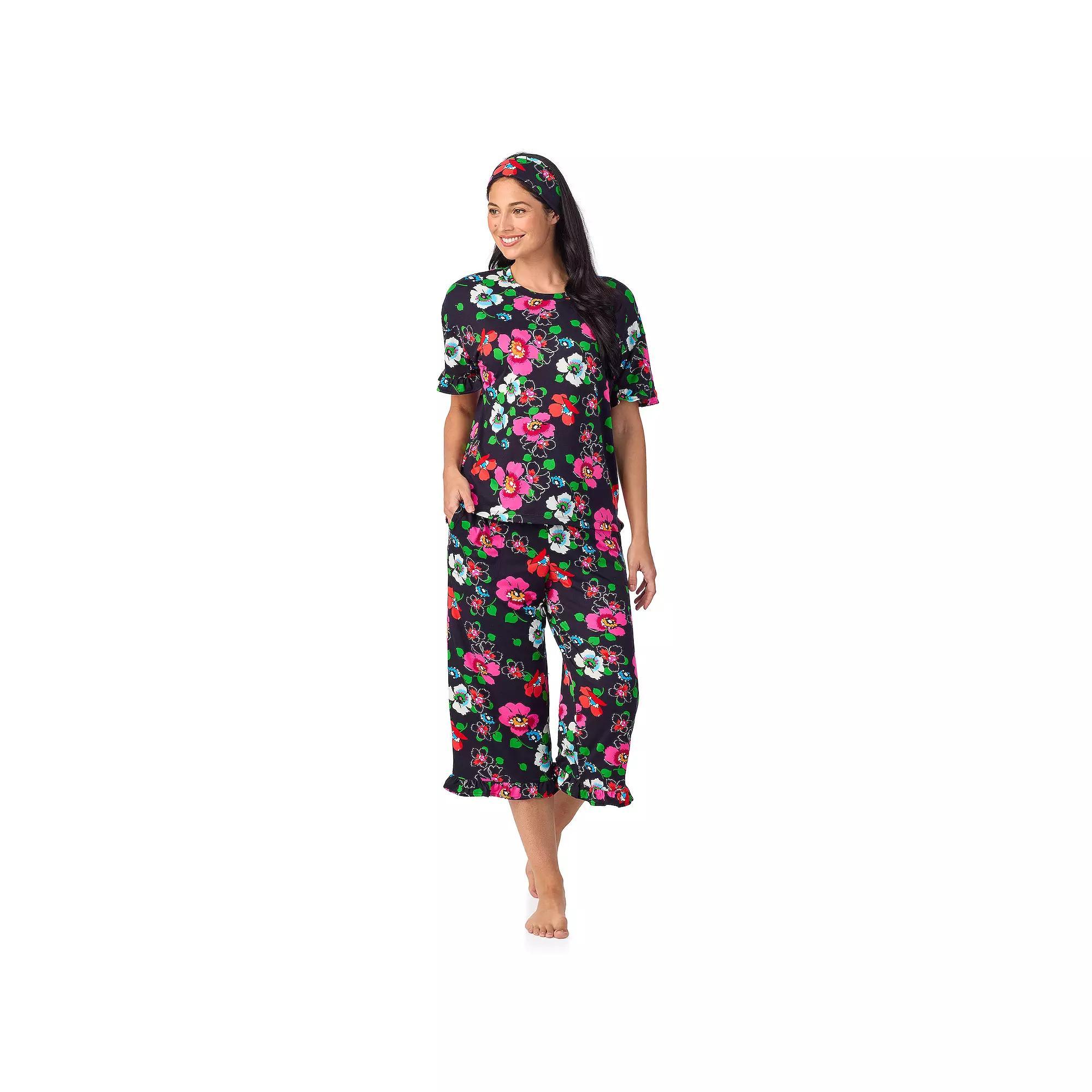 Women's Cuddl Duds® 3-Piece Short Sleeve Pajama Top, Cropped Pajama Pants & Headband Set, Size: Small, Blue Floral Product Image