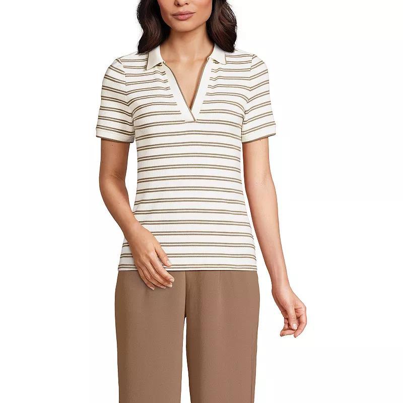 Women's Lands' End V-Neck Short Sleeve Polo, Size: Large, Ivory Dual Stripe Product Image