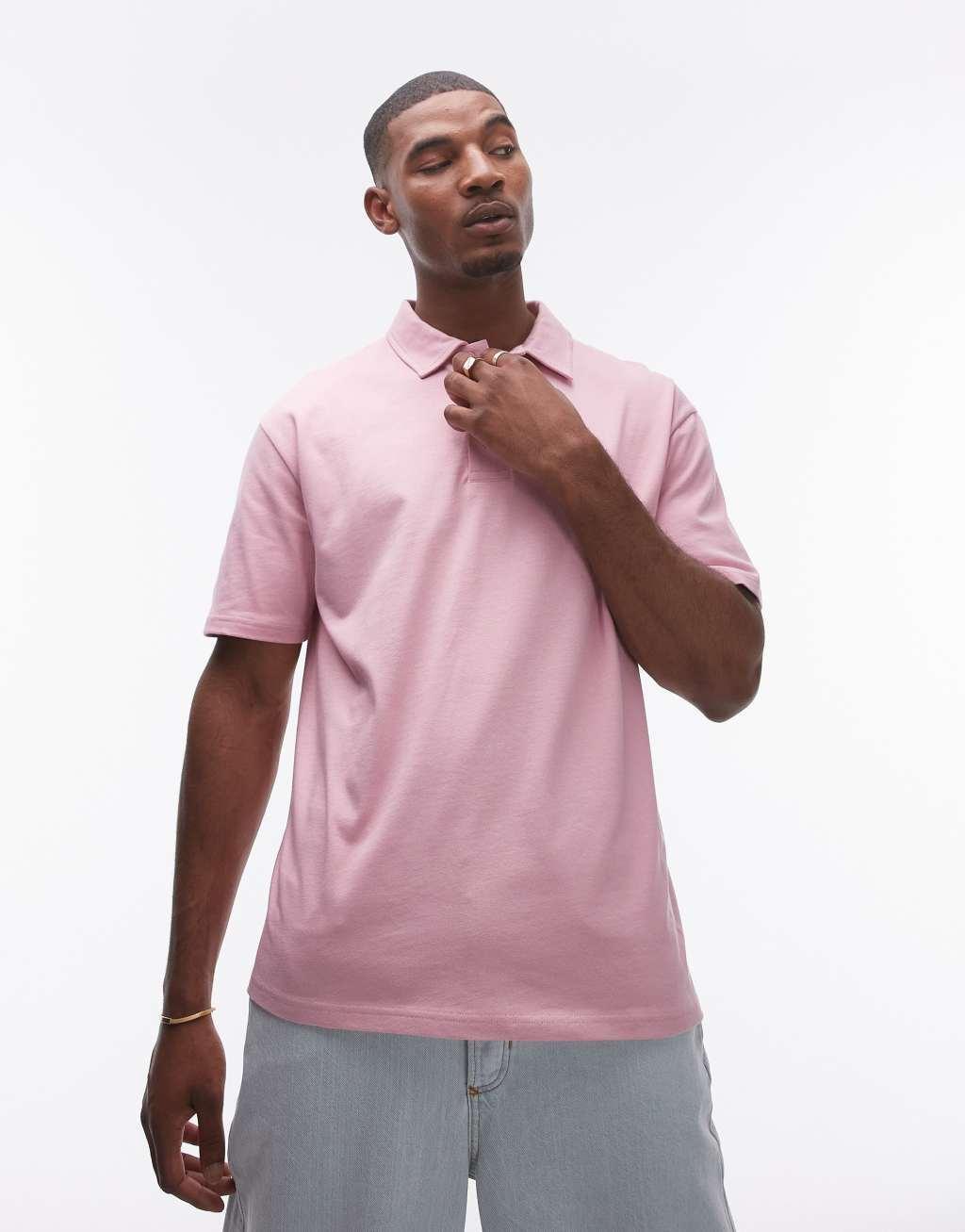 Topman oversized fit polo in washed pink Product Image