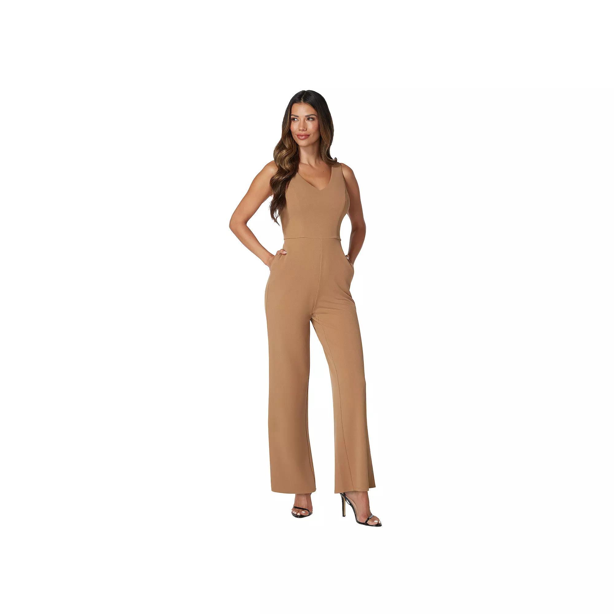 Women's bebe V-Neck Sleeveless Jumpsuit, Size: Large, Camel Product Image