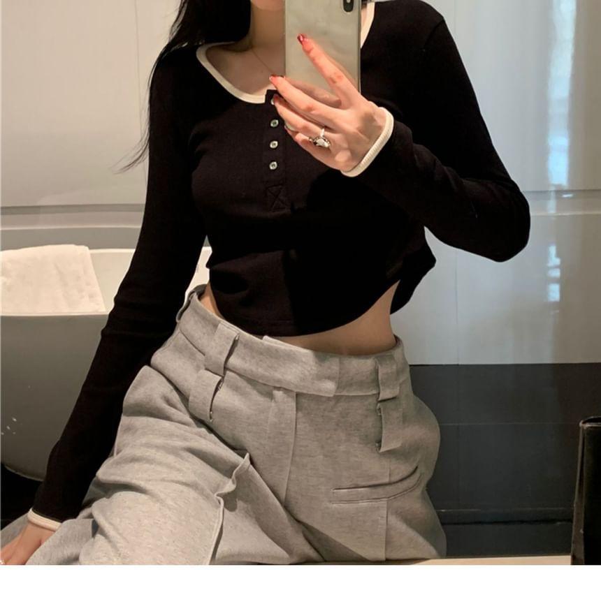 Long Sleeve Henley Contrast Trim T-Shirt Product Image